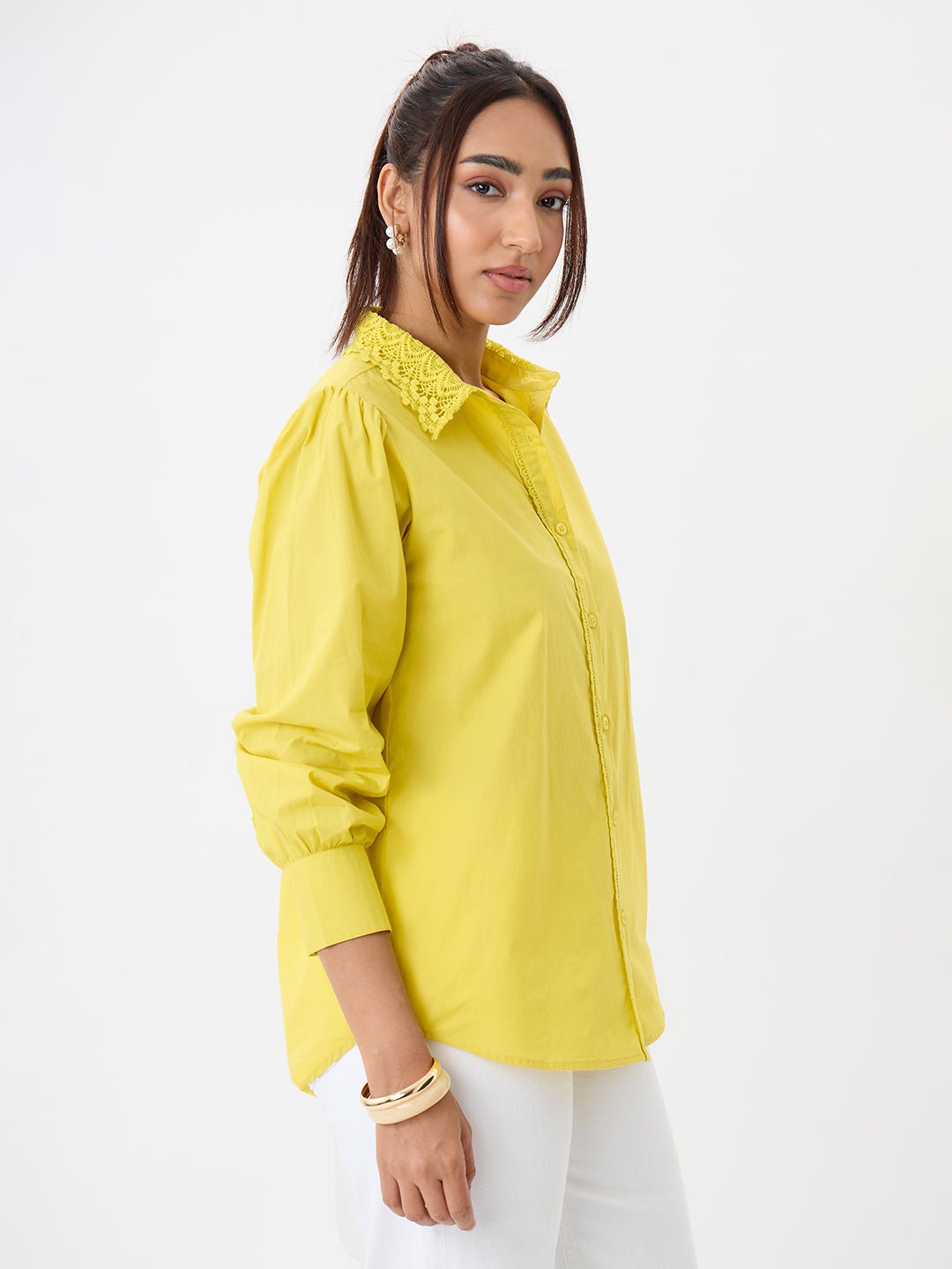 Chic Green Poplin Long Sleeve Shirt with Lace Collar