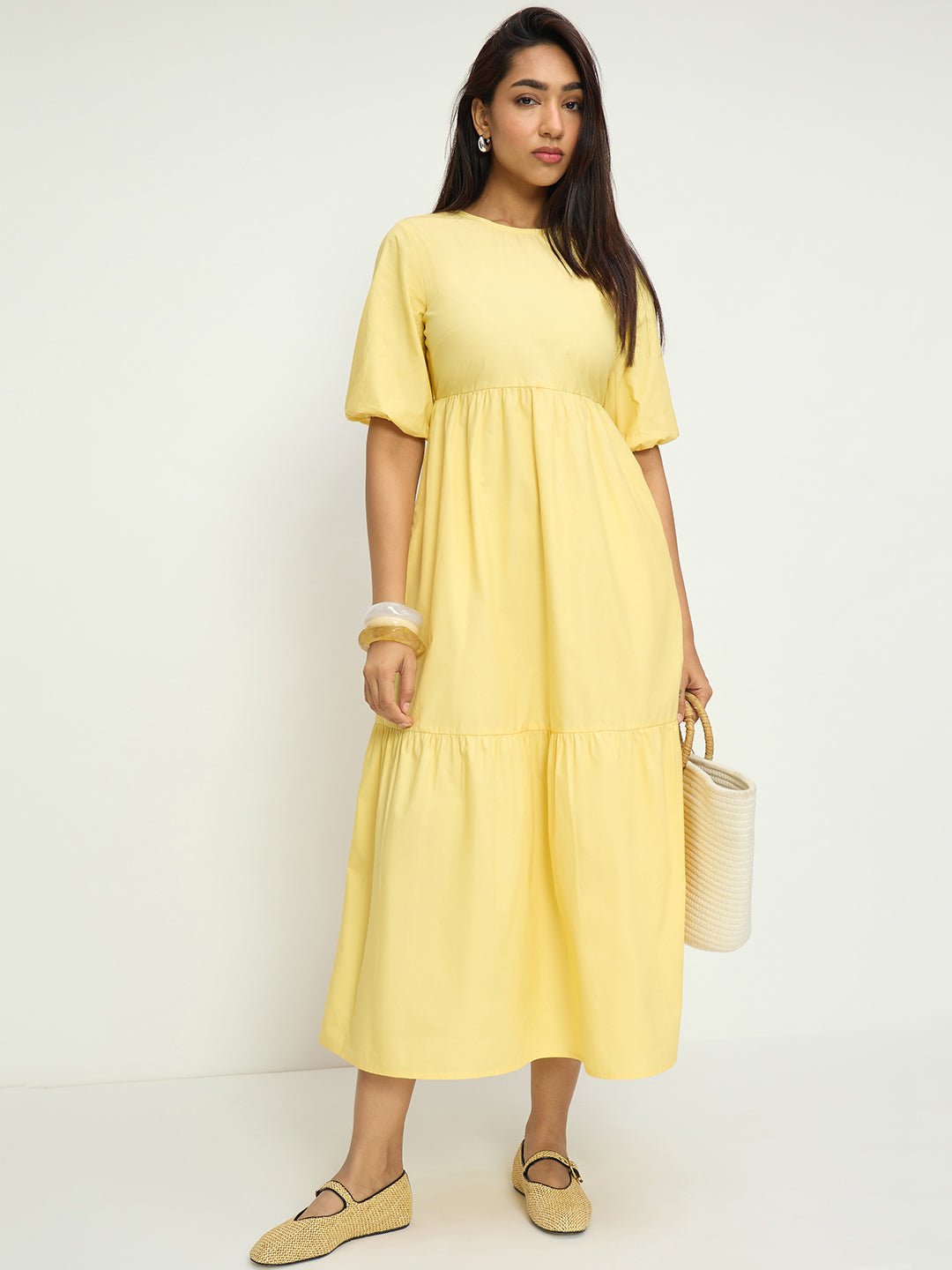 Yellow Plain Tiered Maxi Dress with 3/4 Sleeves