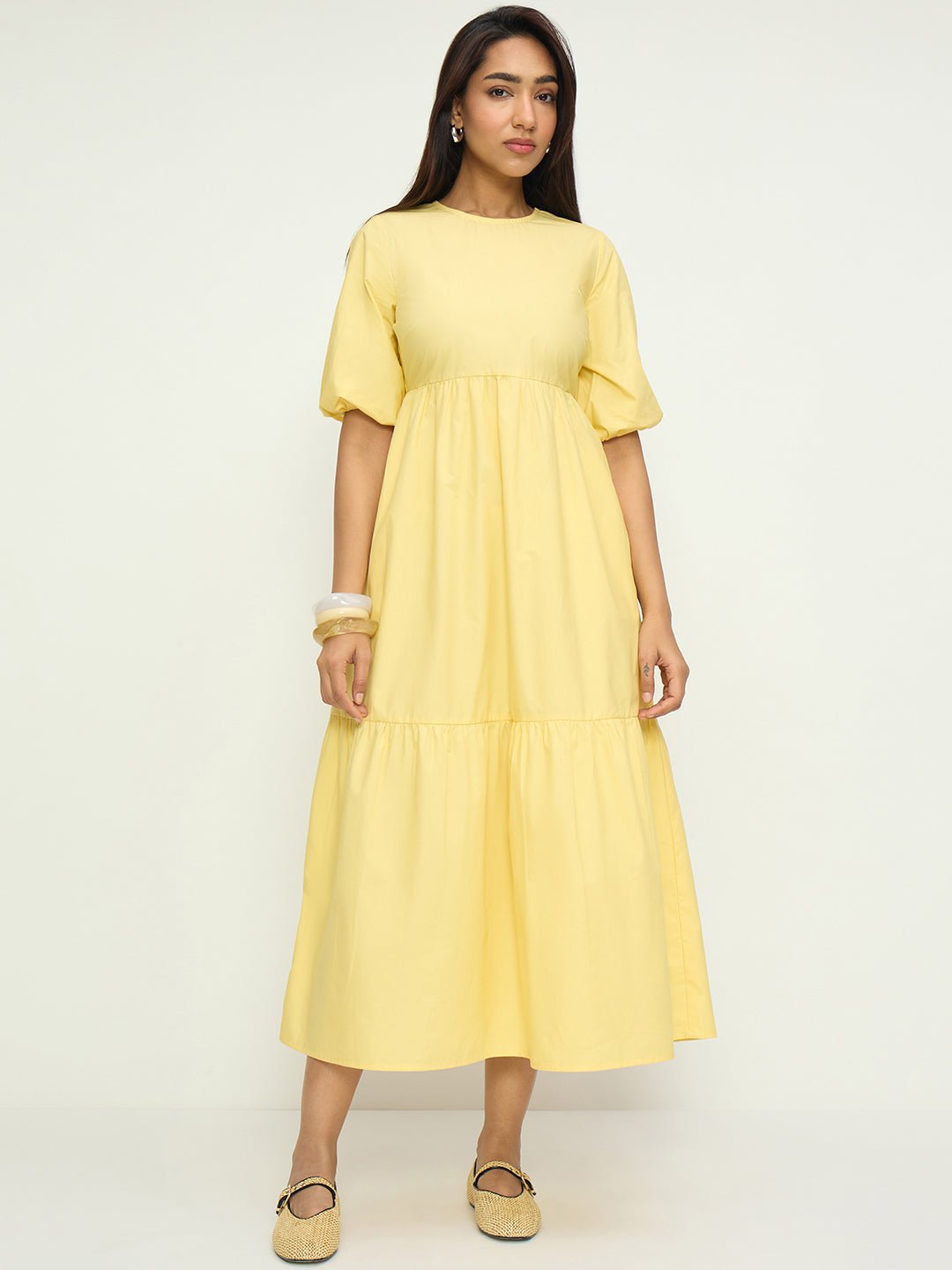 Yellow Plain Tiered Maxi Dress with 3/4 Sleeves