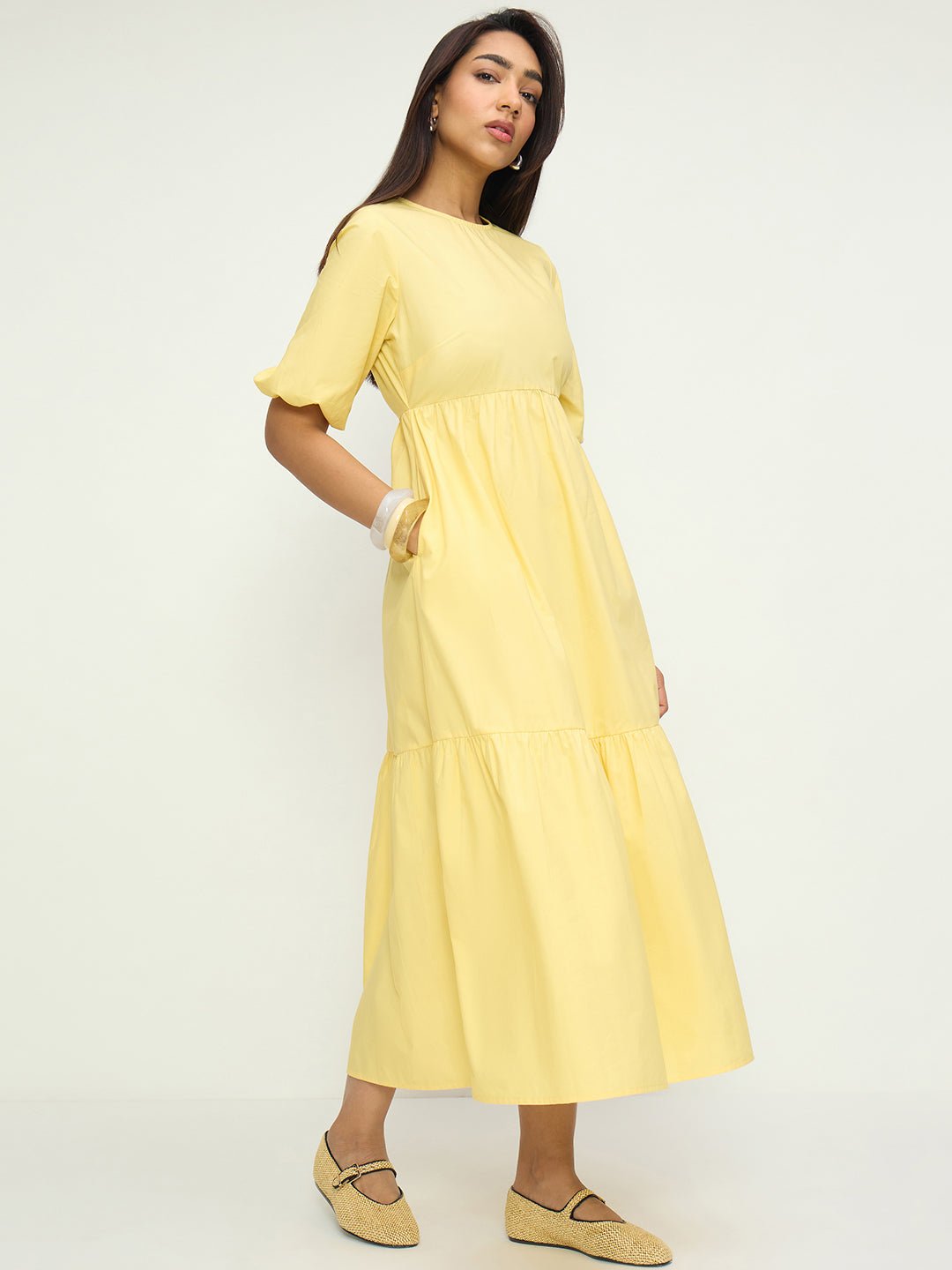 Yellow Plain Tiered Maxi Dress with 3/4 Sleeves
