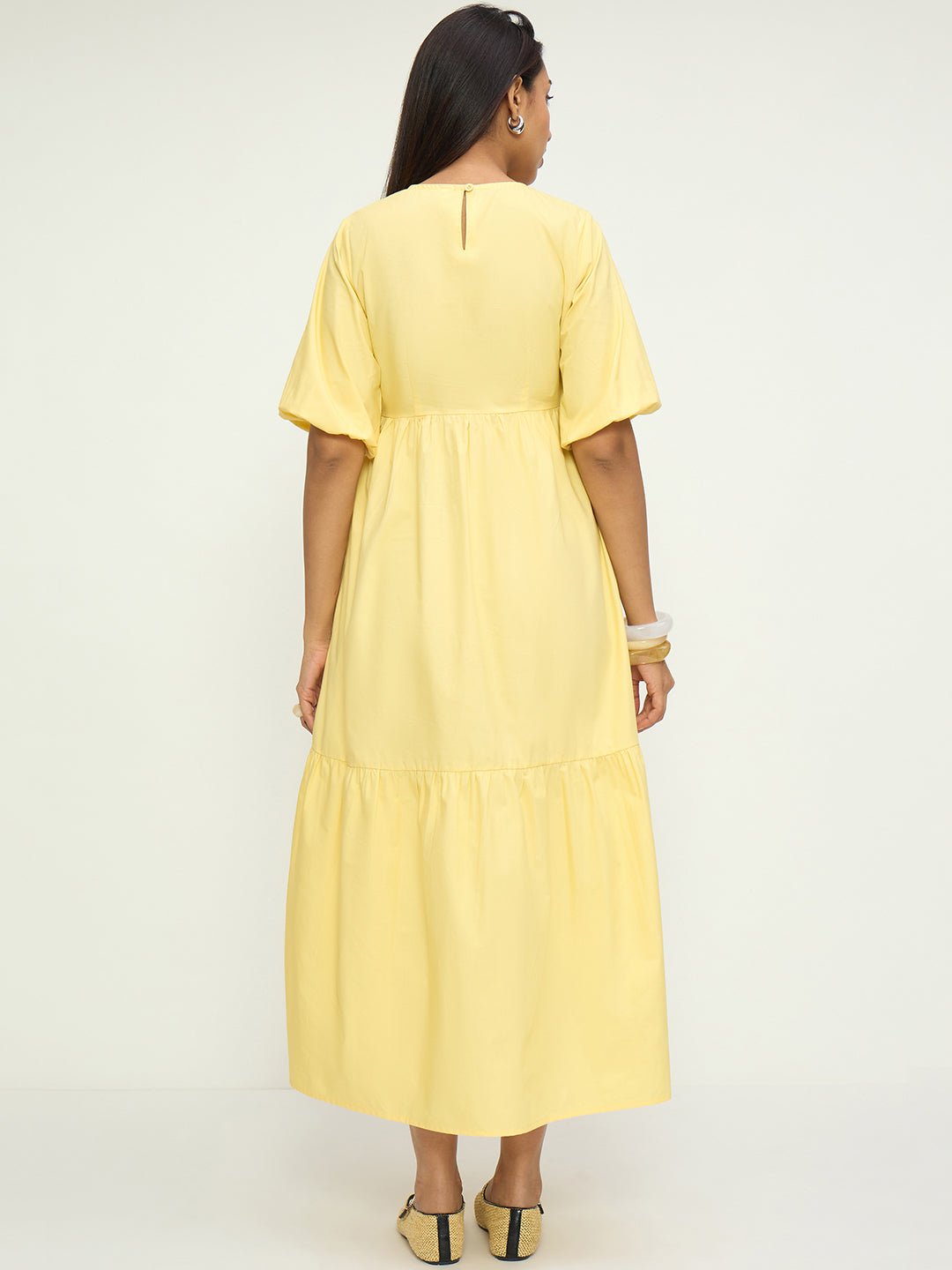 Yellow Plain Tiered Maxi Dress with 3/4 Sleeves