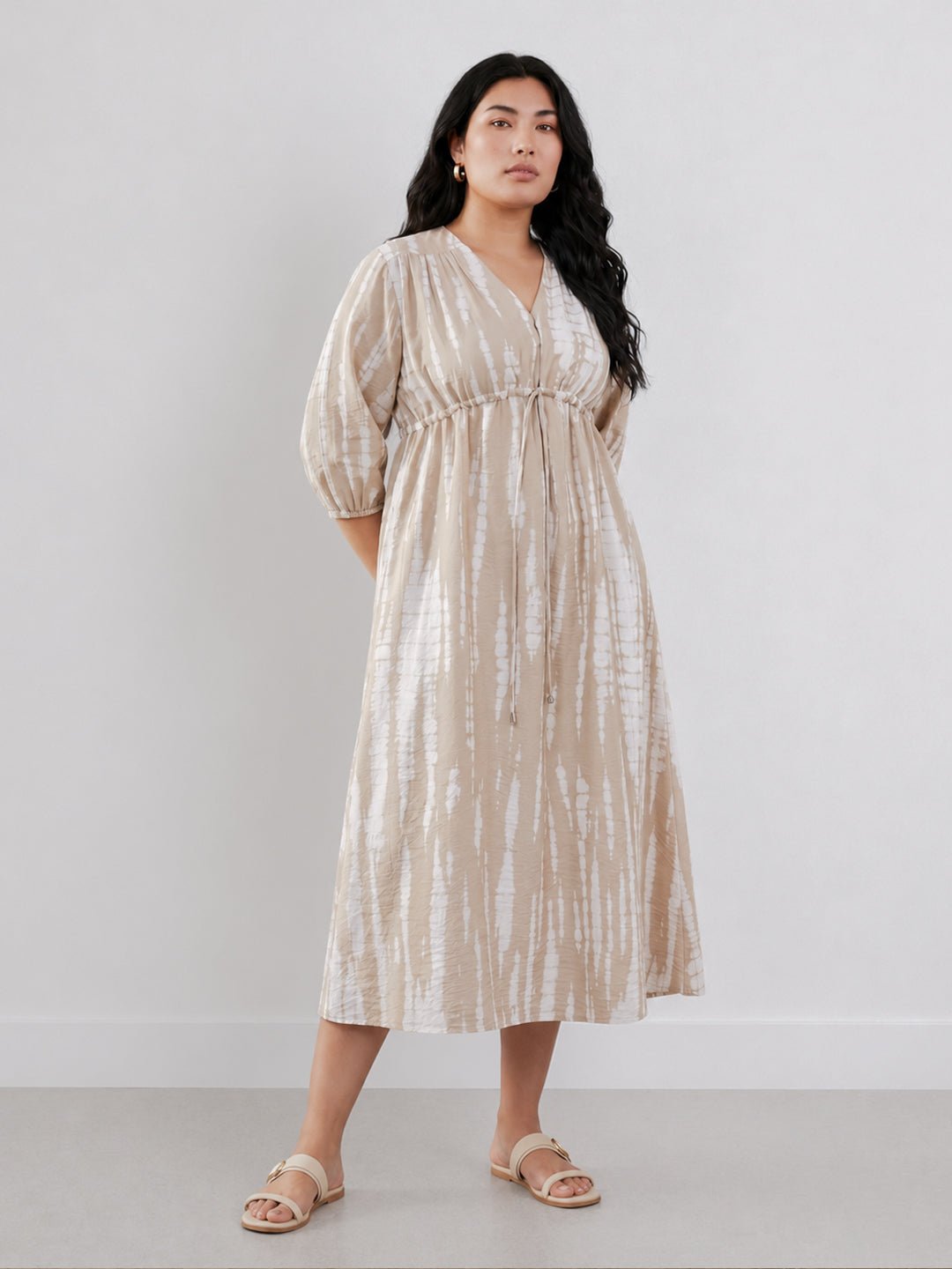 Beige Tie-Dye Midi Dress with 3/4 Sleeves