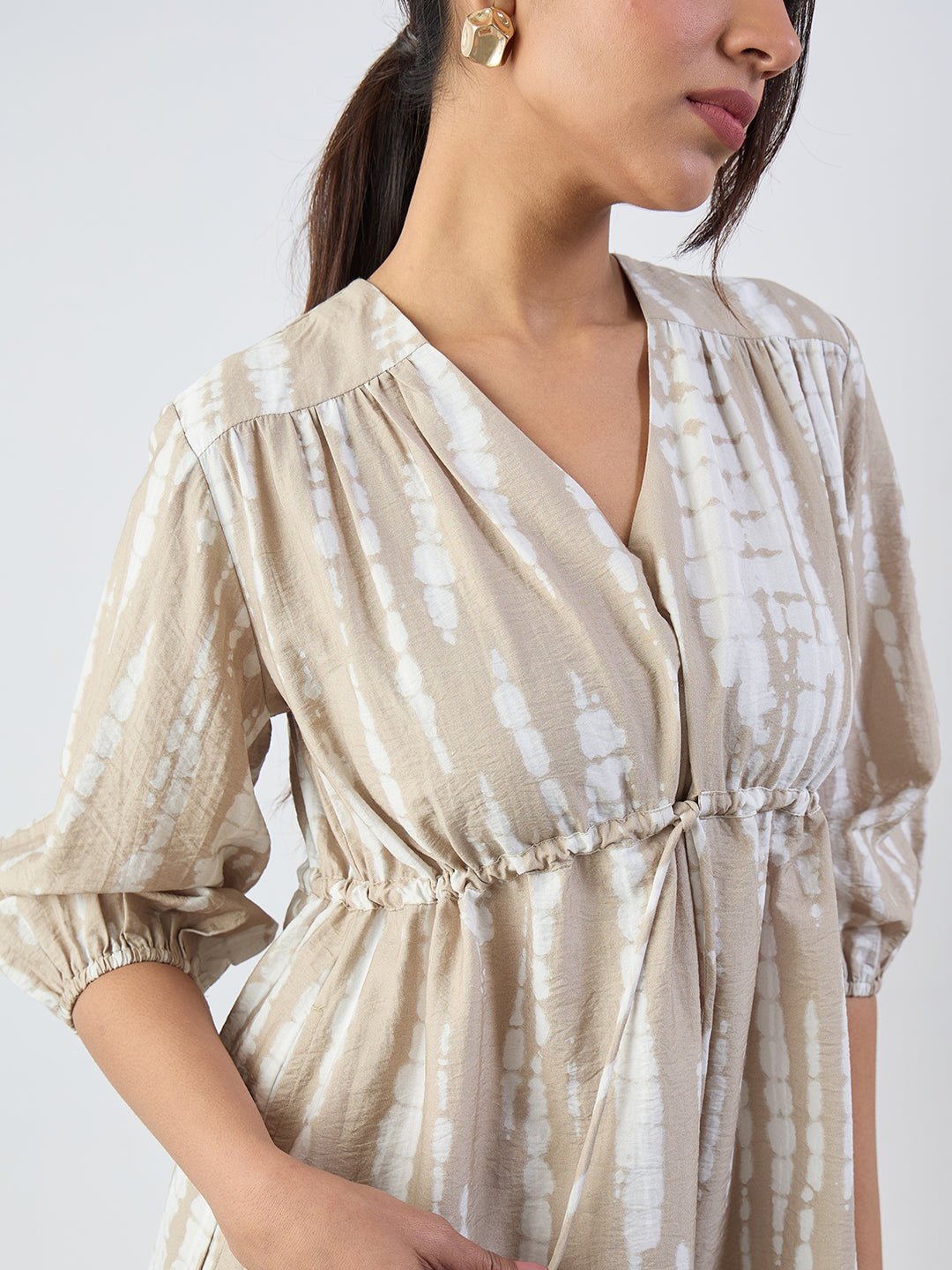 Beige Tie-Dye Midi Dress with 3/4 Sleeves