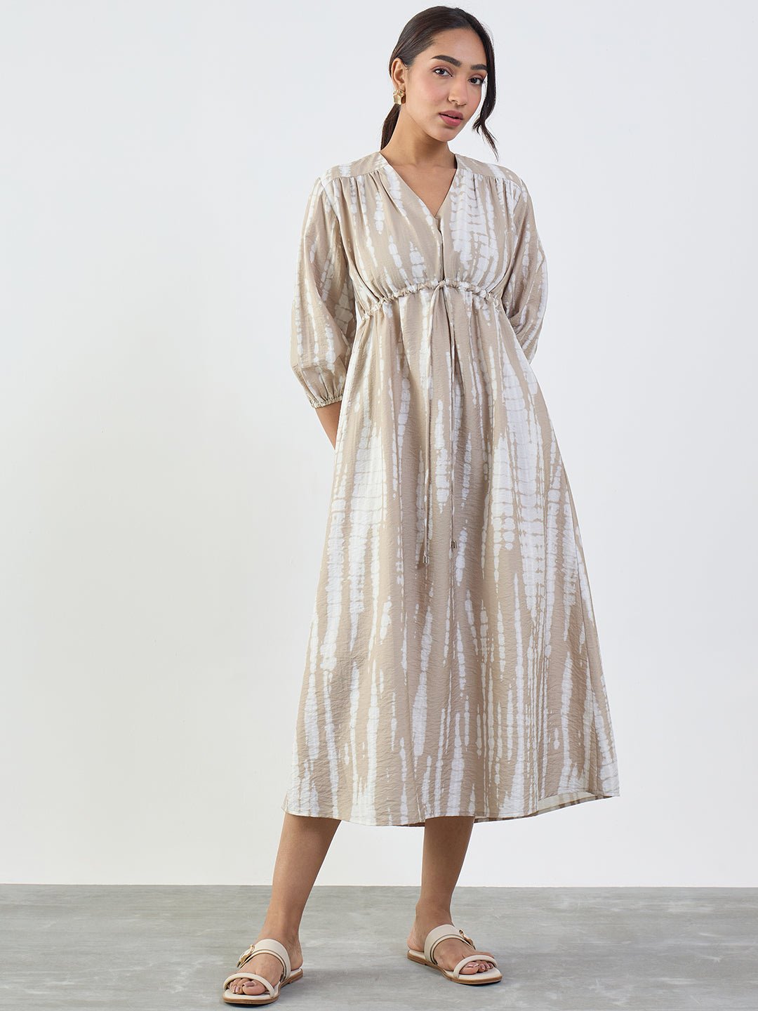 Beige Tie-Dye Midi Dress with 3/4 Sleeves