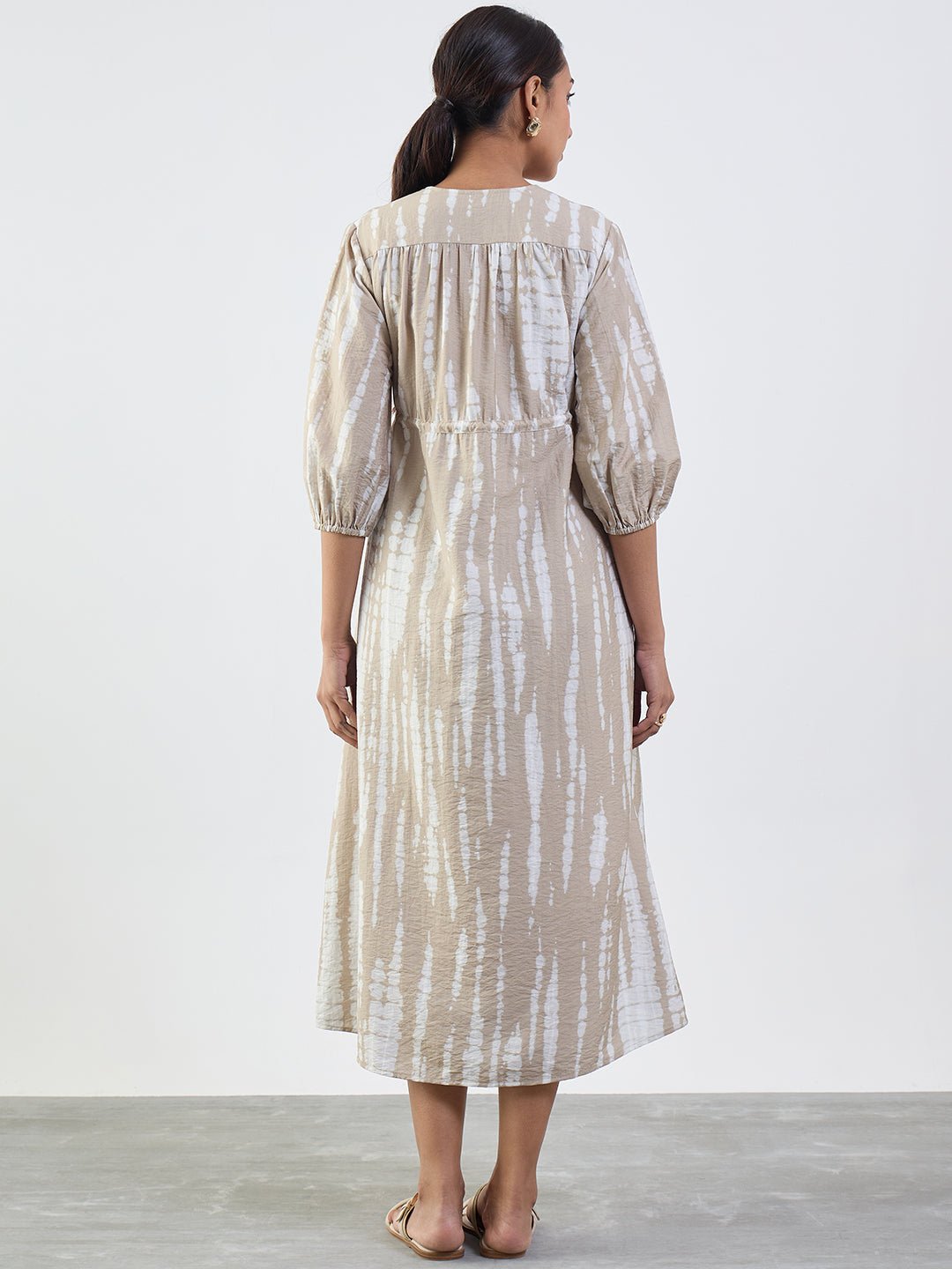 Beige Tie-Dye Midi Dress with 3/4 Sleeves