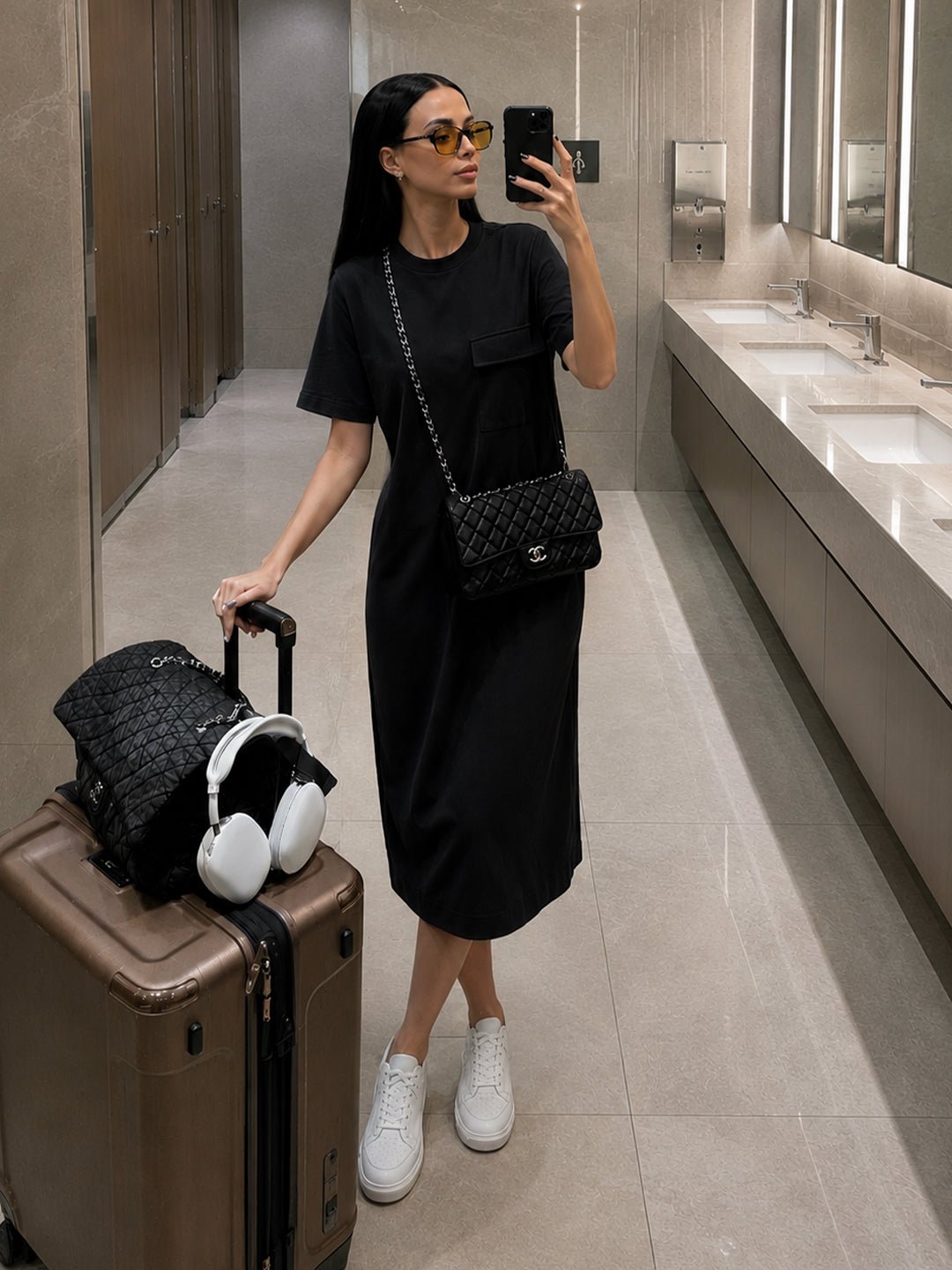 Black Short Sleeve Midi A-Line Dress