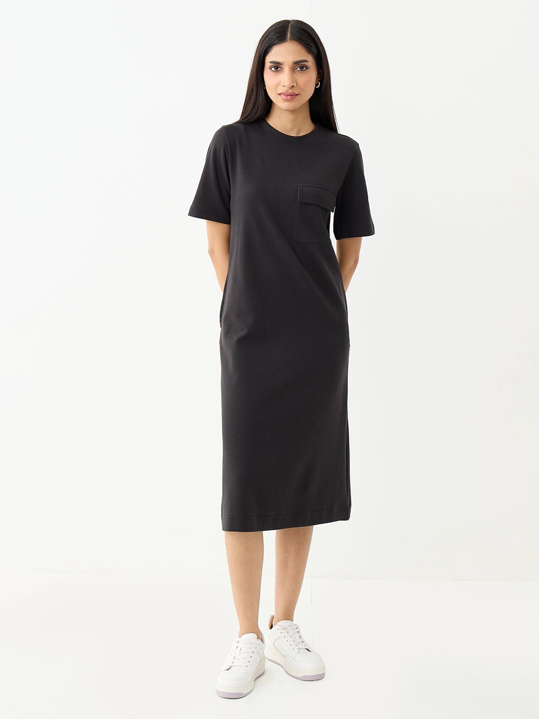 Black Short Sleeve Midi A-Line Dress