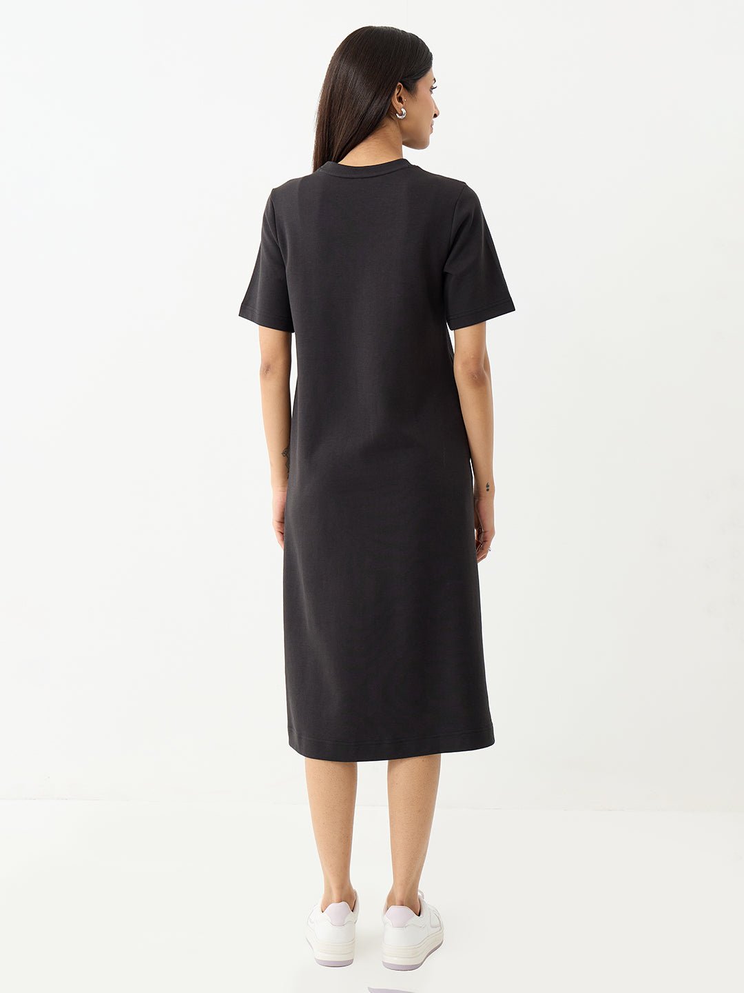 Black Short Sleeve Midi A-Line Dress