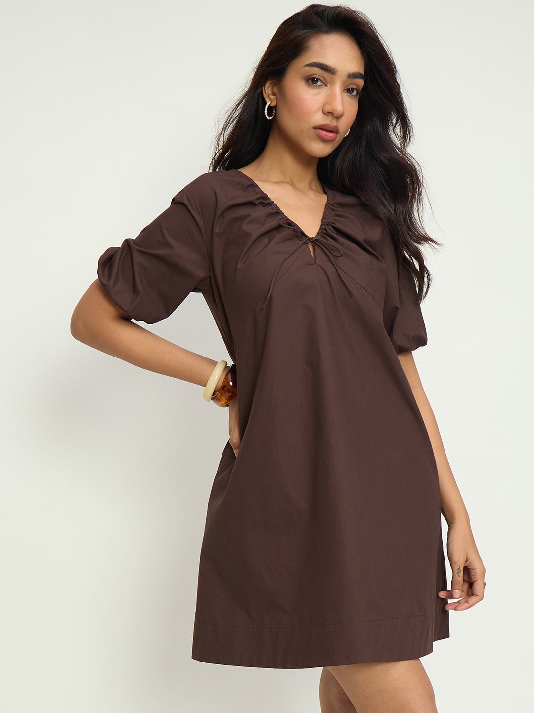 Coffee Brown A-Line Mini Dress with Tie-Up Neck