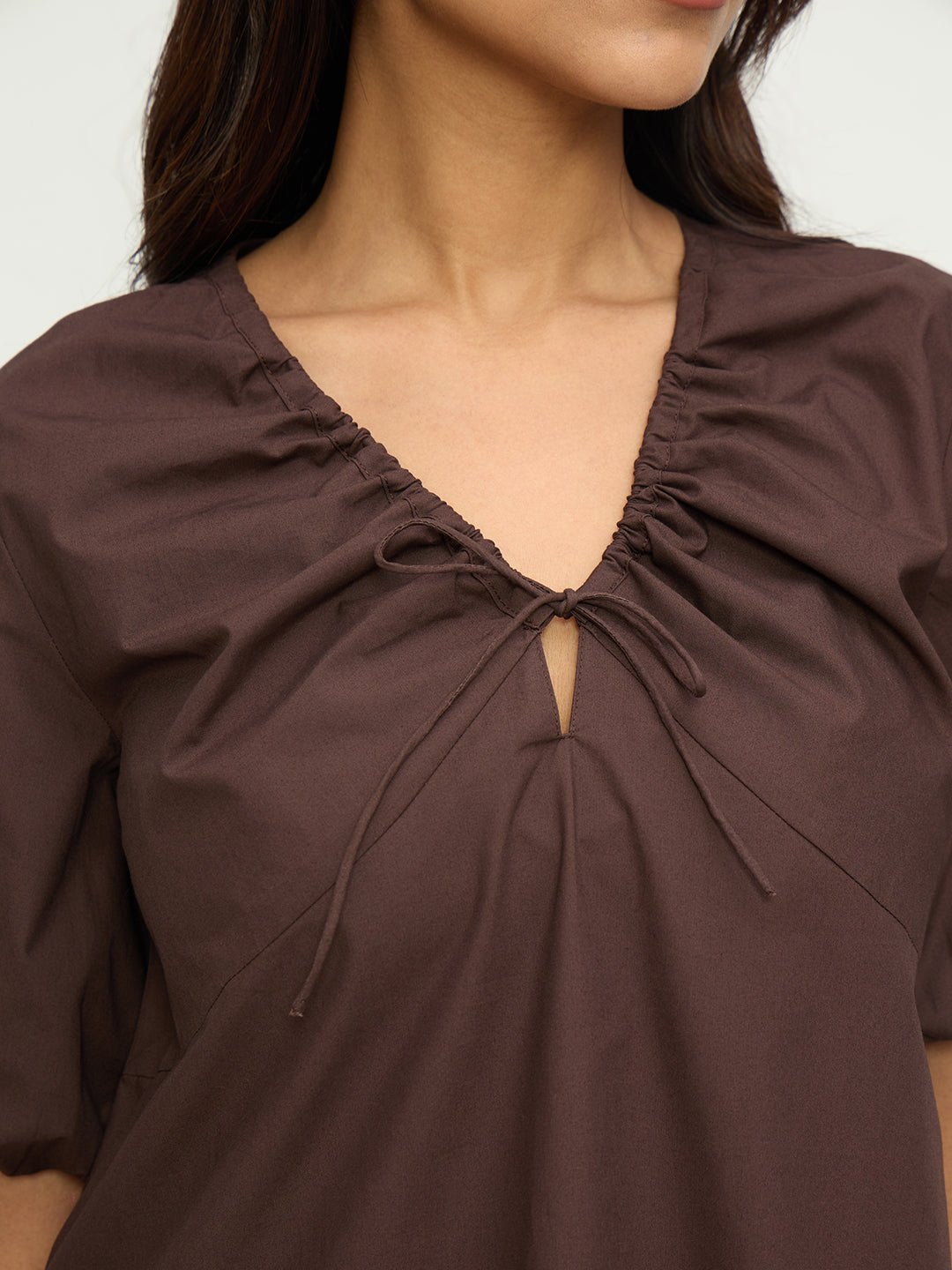 Coffee Brown A-Line Mini Dress with Tie-Up Neck