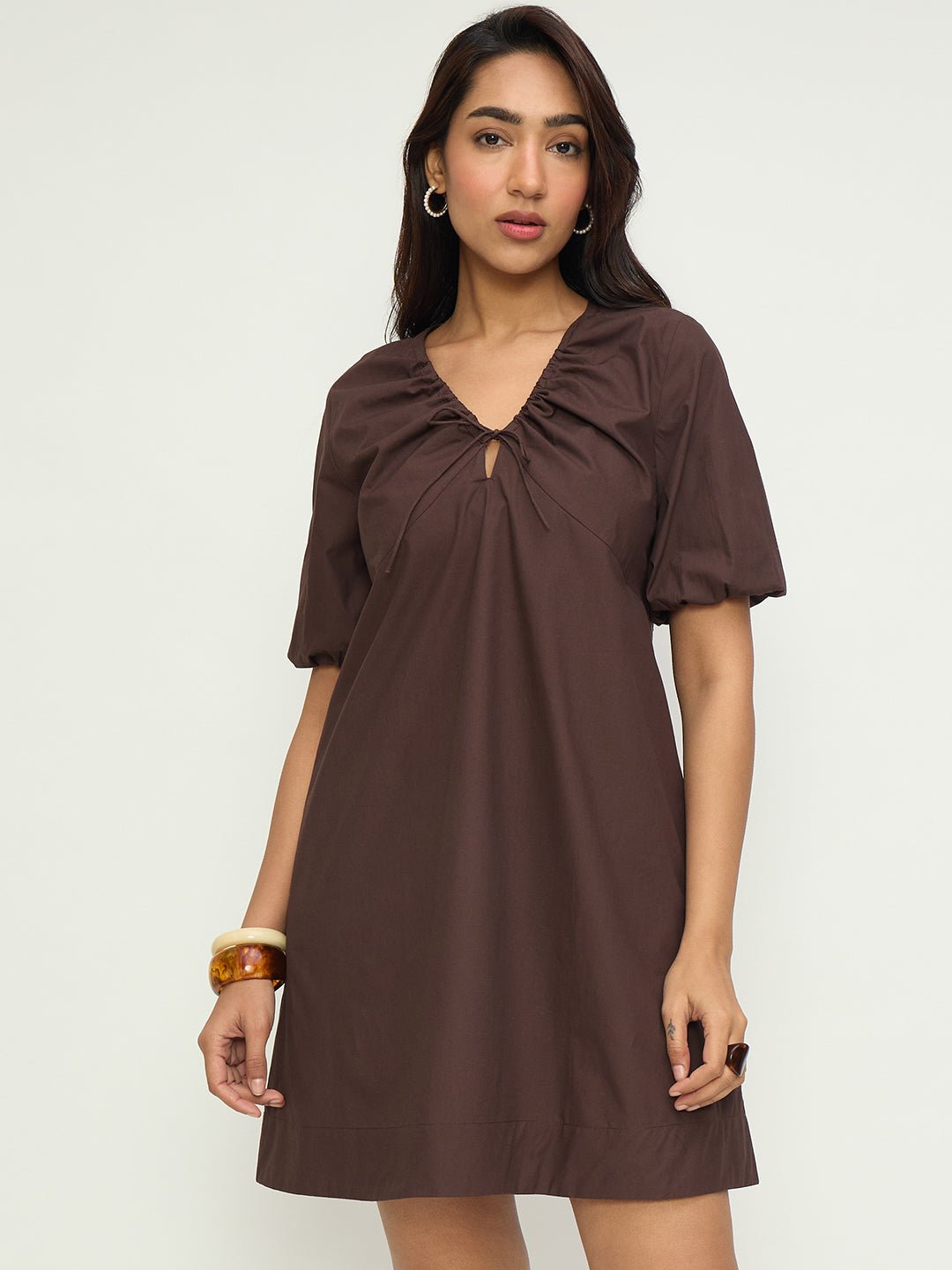 Coffee Brown A-Line Mini Dress with Tie-Up Neck