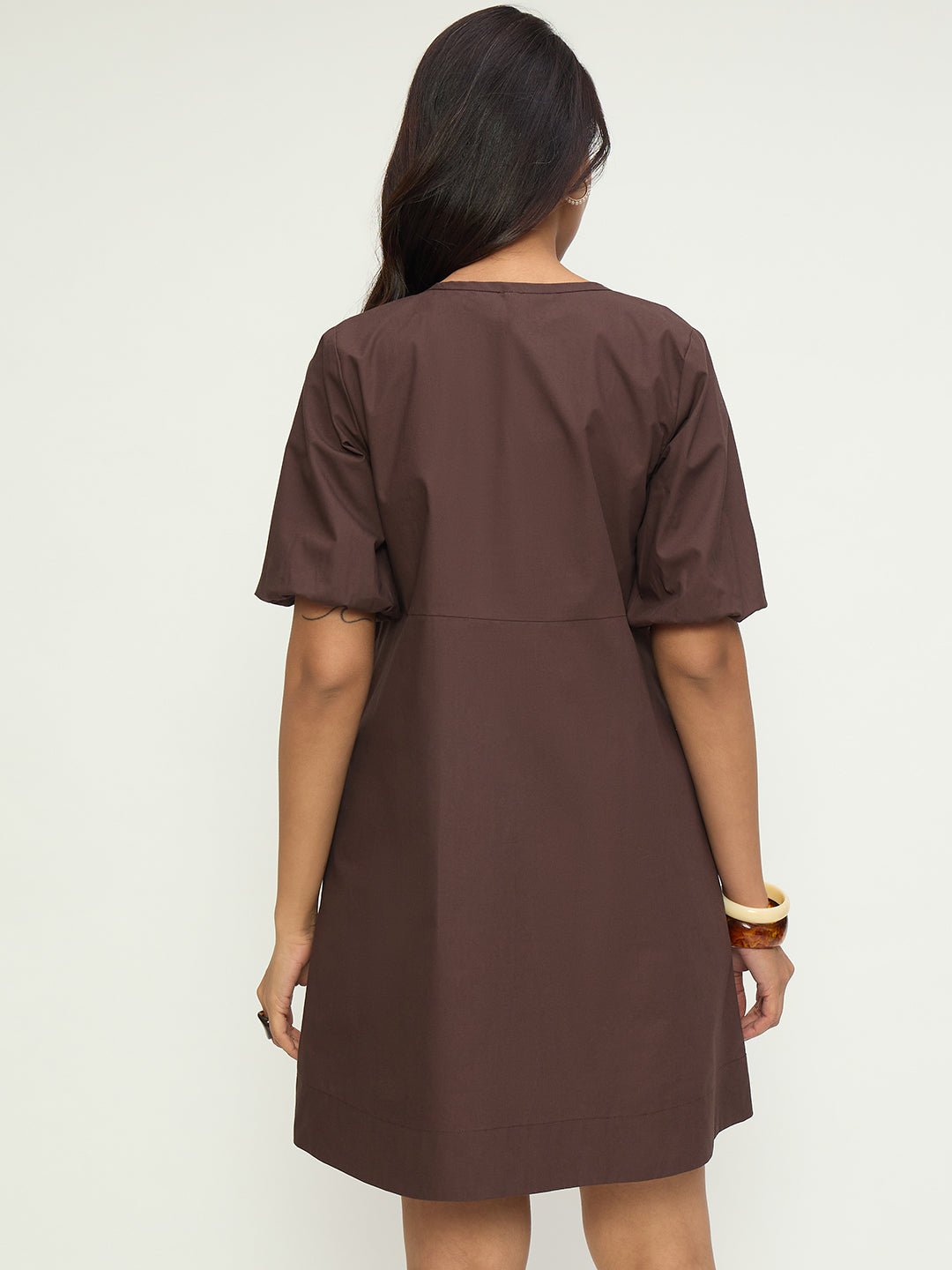 Coffee Brown A-Line Mini Dress with Tie-Up Neck