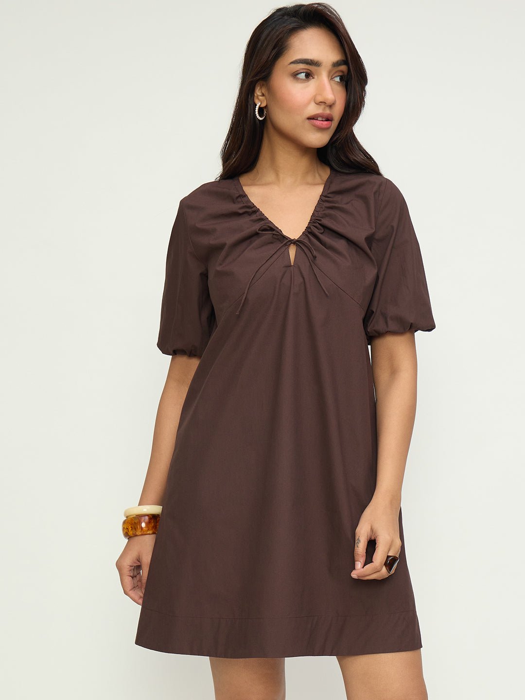 Coffee Brown A-Line Mini Dress with Tie-Up Neck