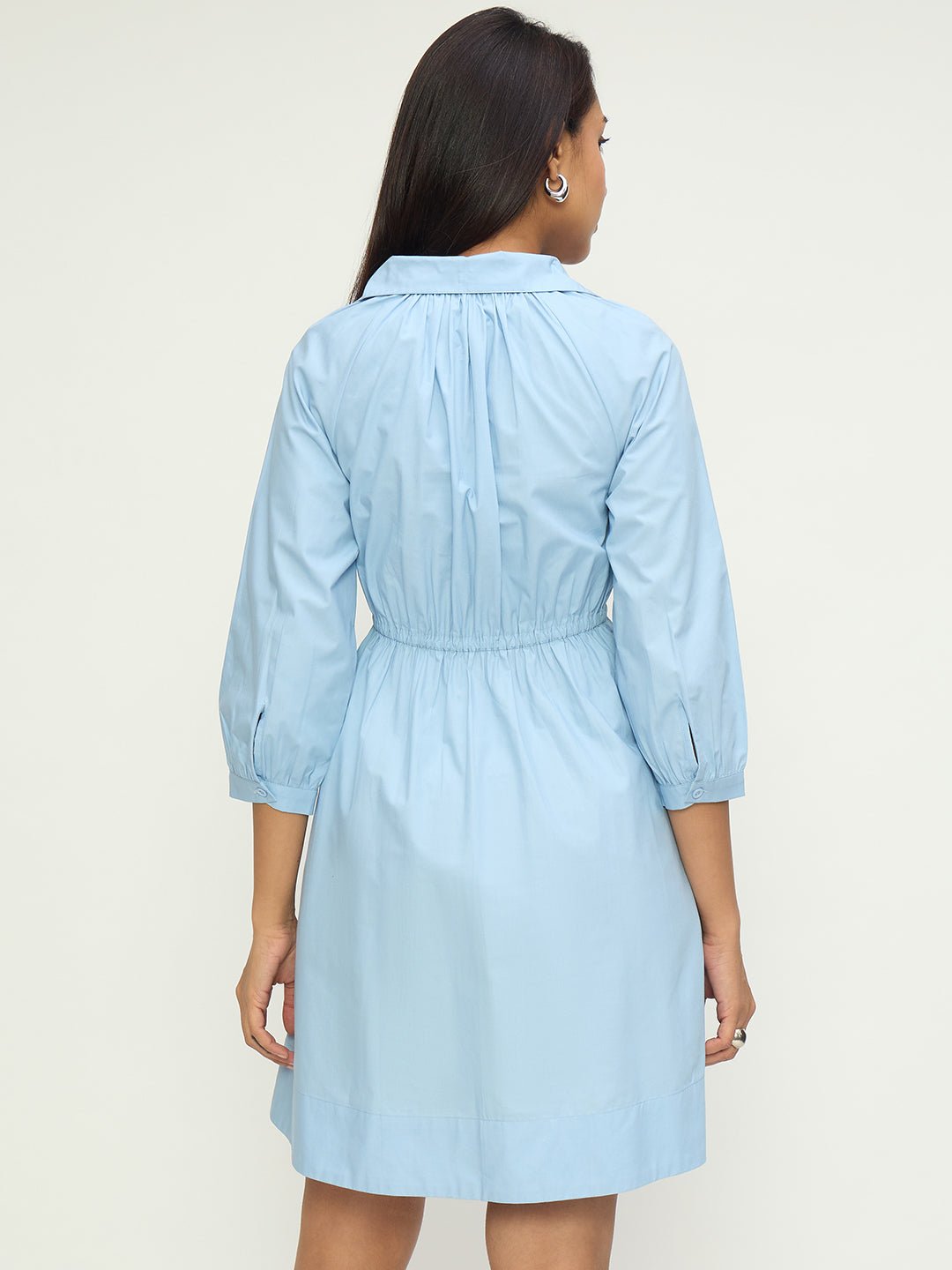 Powder Blue Shirtdress with Drawstring Waist