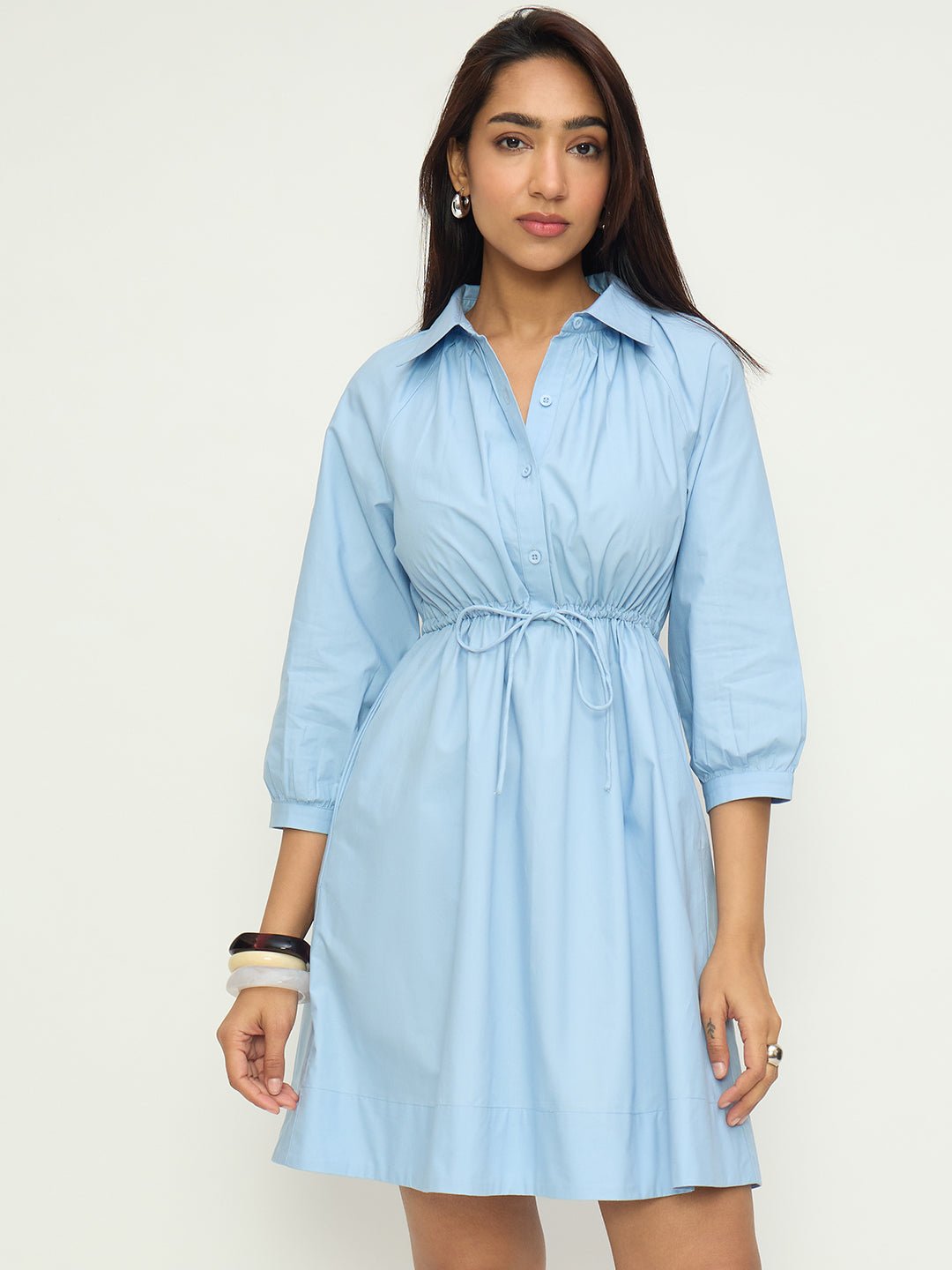 Powder Blue Shirtdress with Drawstring Waist