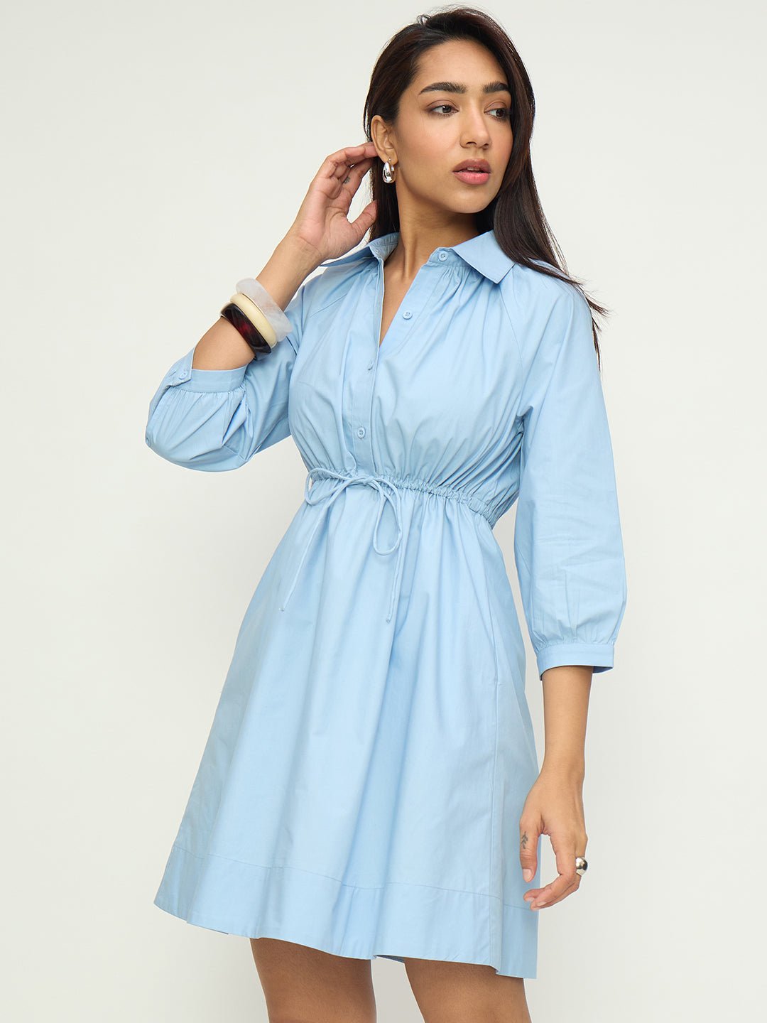 Powder Blue Shirtdress with Drawstring Waist