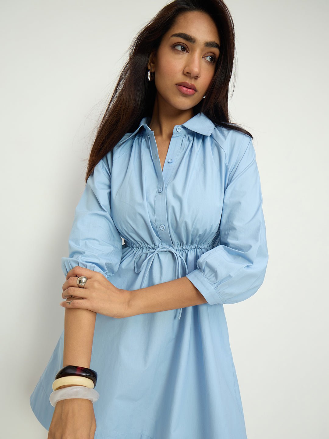 Powder Blue Shirtdress with Drawstring Waist