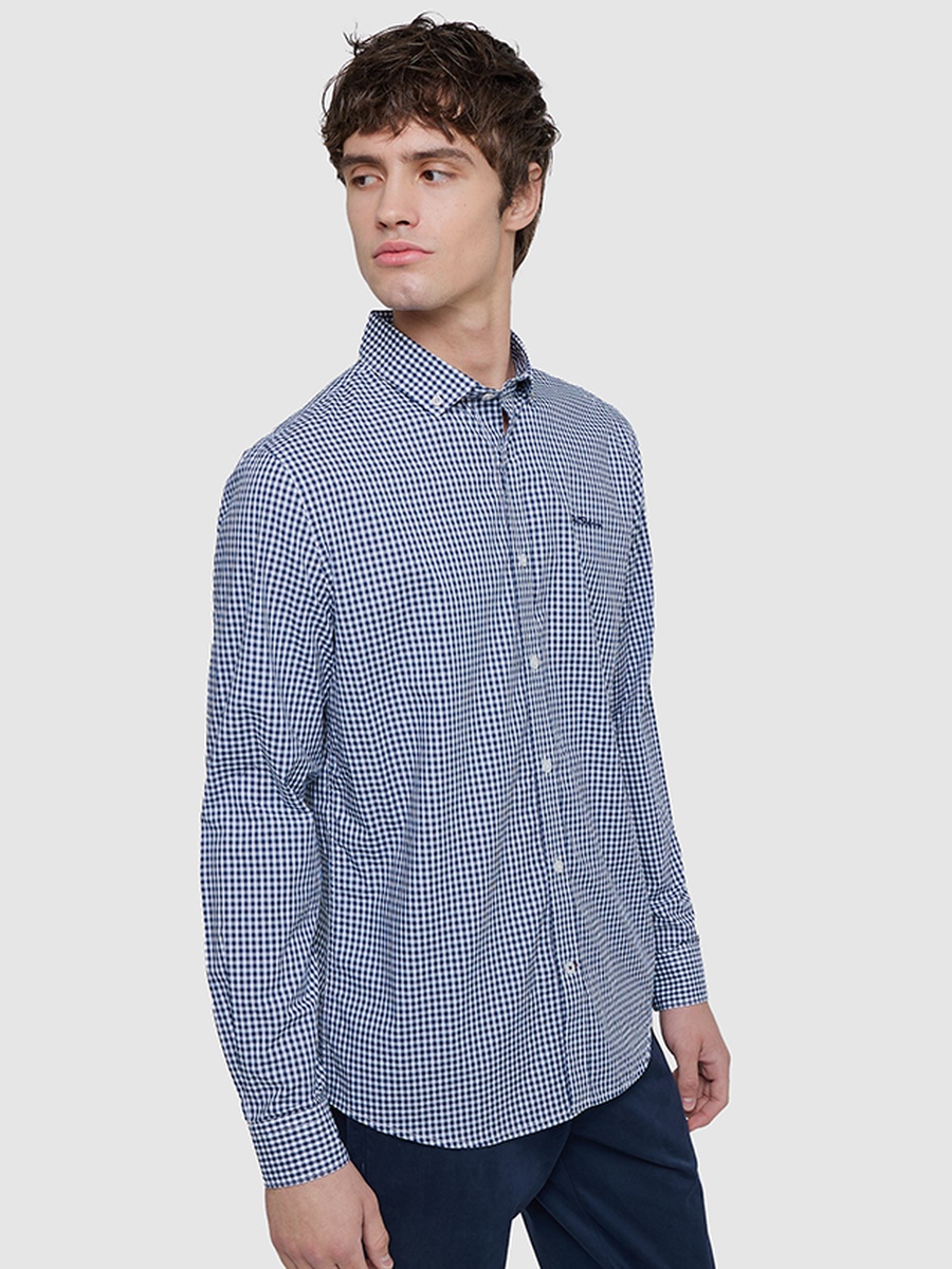 Checked Button-Down Collar Shirt with Long Sleeves
