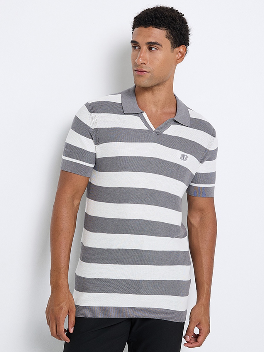 Horizontal Striped Flat Knit Polo T-Shirt with Johny Collar