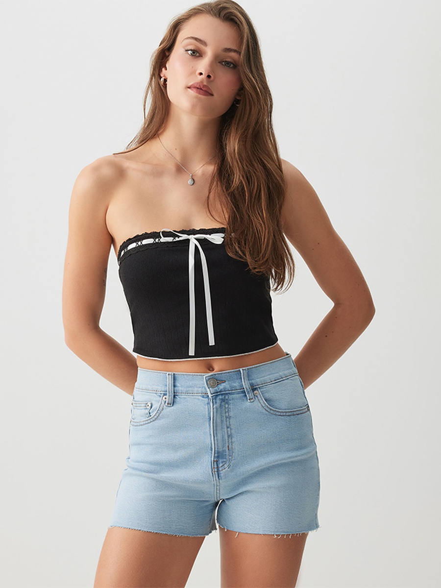 Crop Tube Top With Ribbon Trim