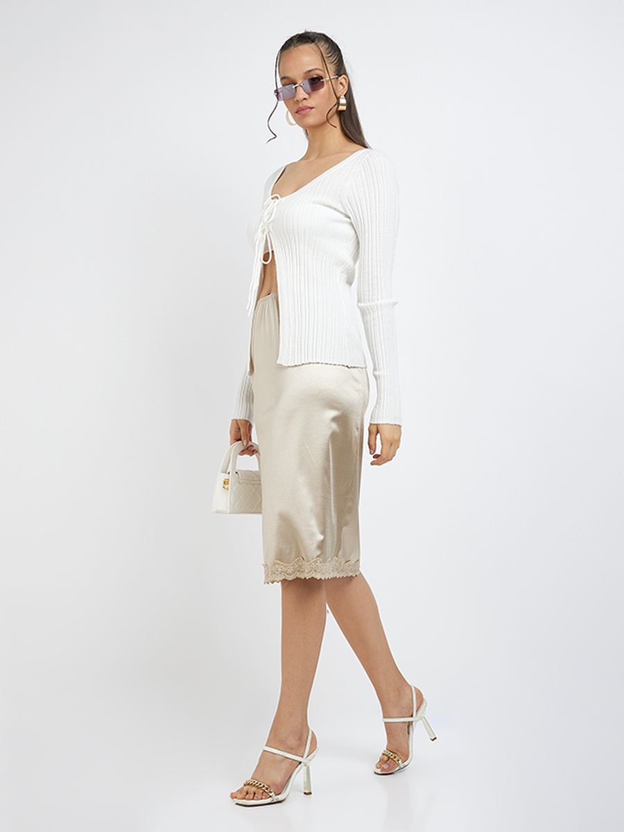 Solid Satin Skirt with Lace Trim