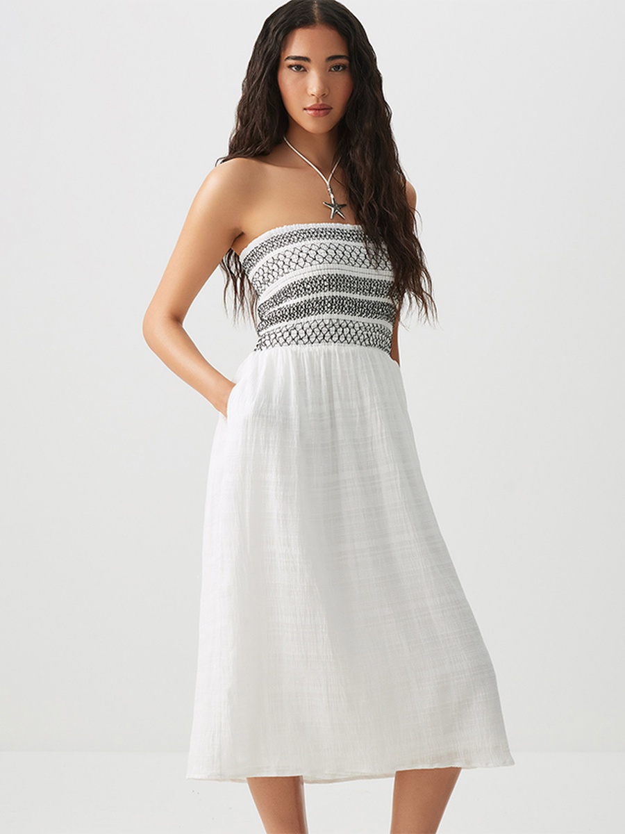 Smocked Strapless Midi Dress