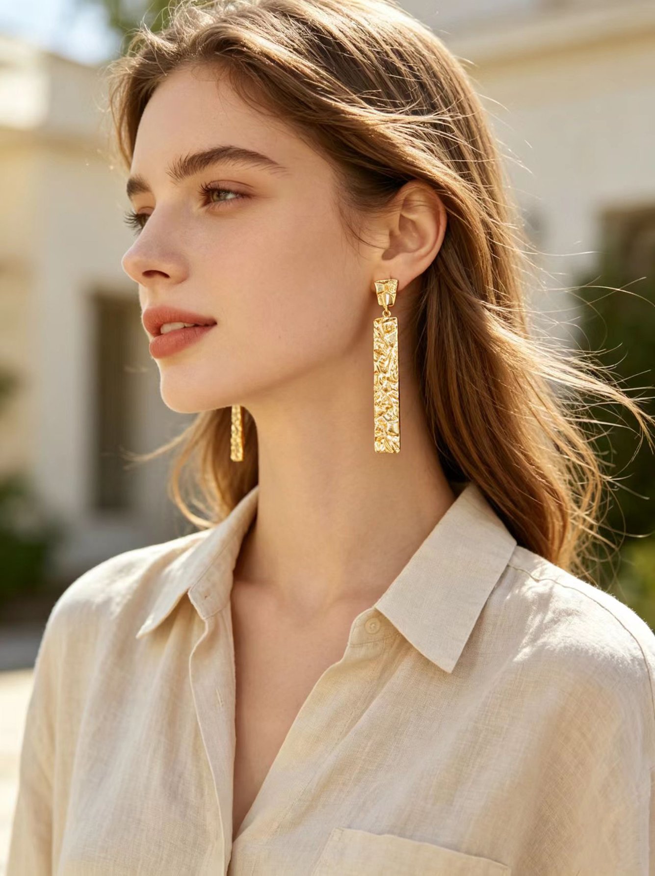 Gold Tone Hammered Bar Drop Earrings