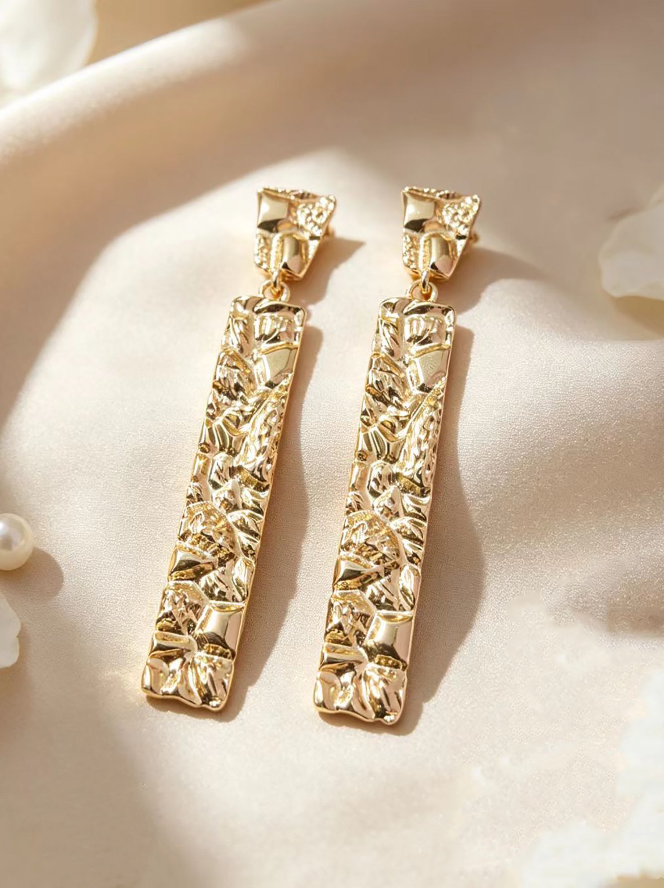 Gold Tone Hammered Bar Drop Earrings