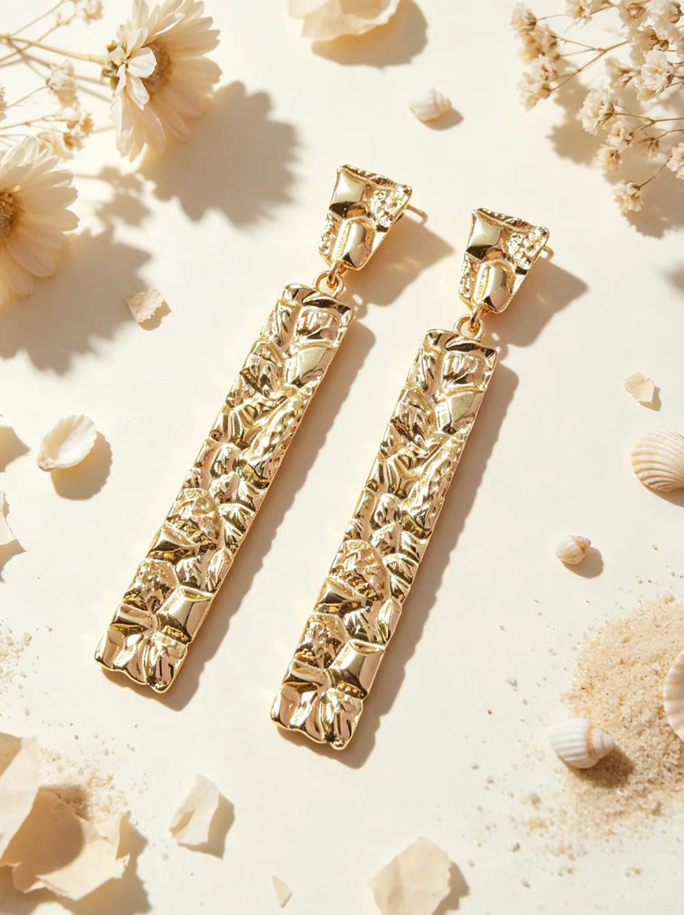 Gold Tone Hammered Bar Drop Earrings