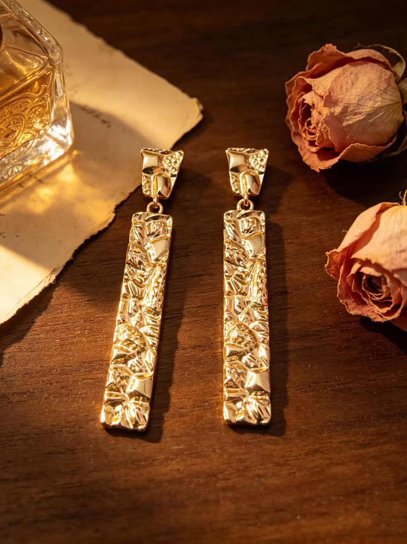 Gold Tone Hammered Bar Drop Earrings