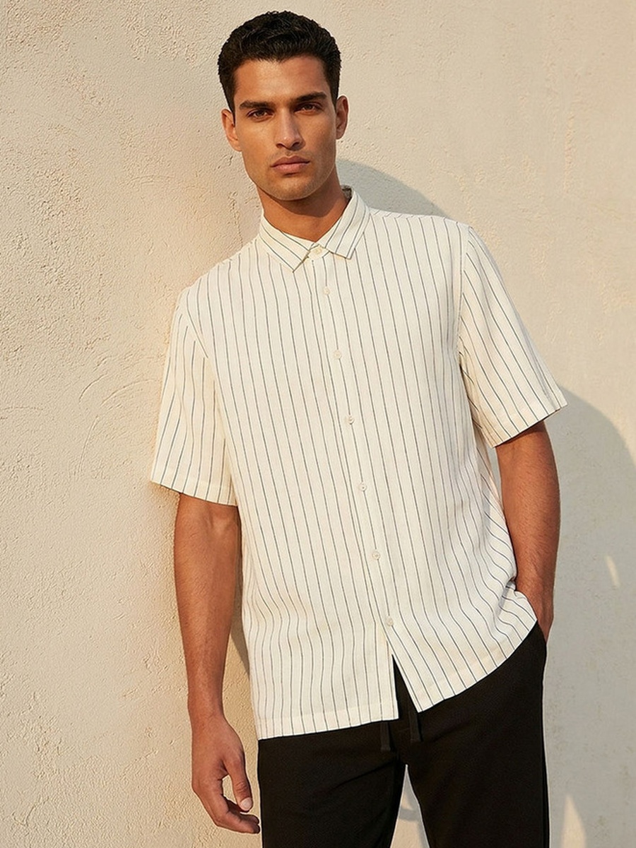 Regular Fit Collared Striped Short Sleeves Shirt