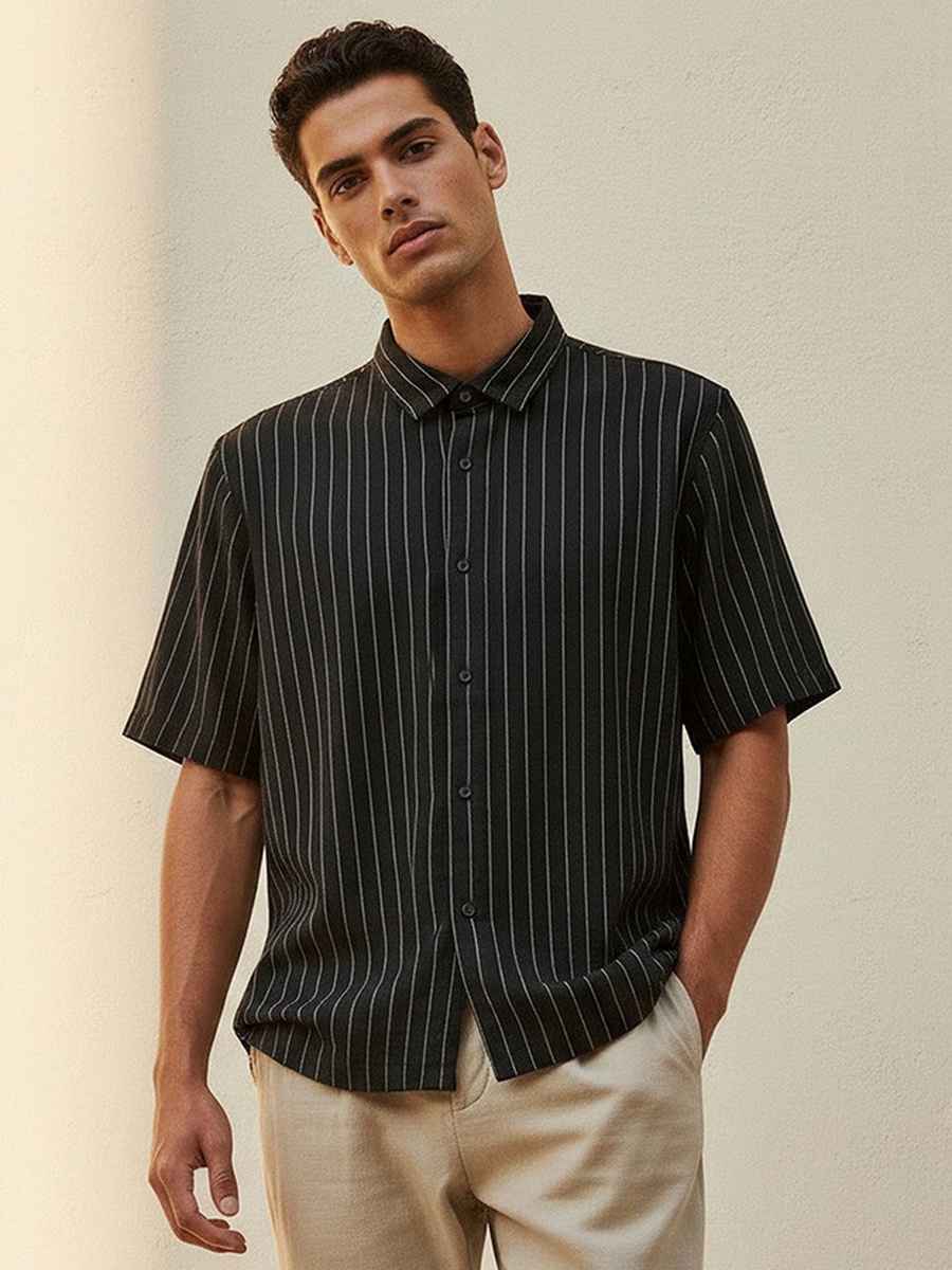 Regular Fit Collared Striped Short Sleeves Shirt