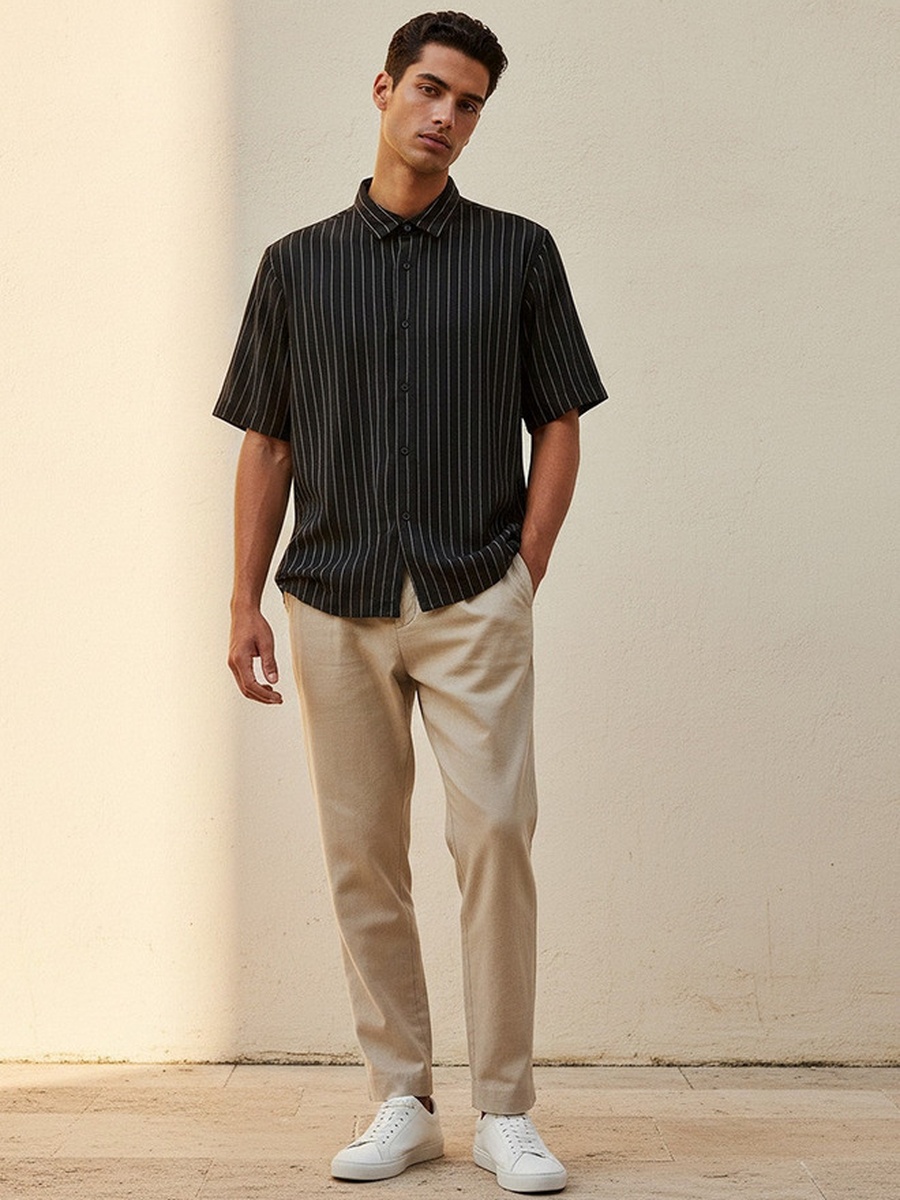 Regular Fit Collared Striped Short Sleeves Shirt