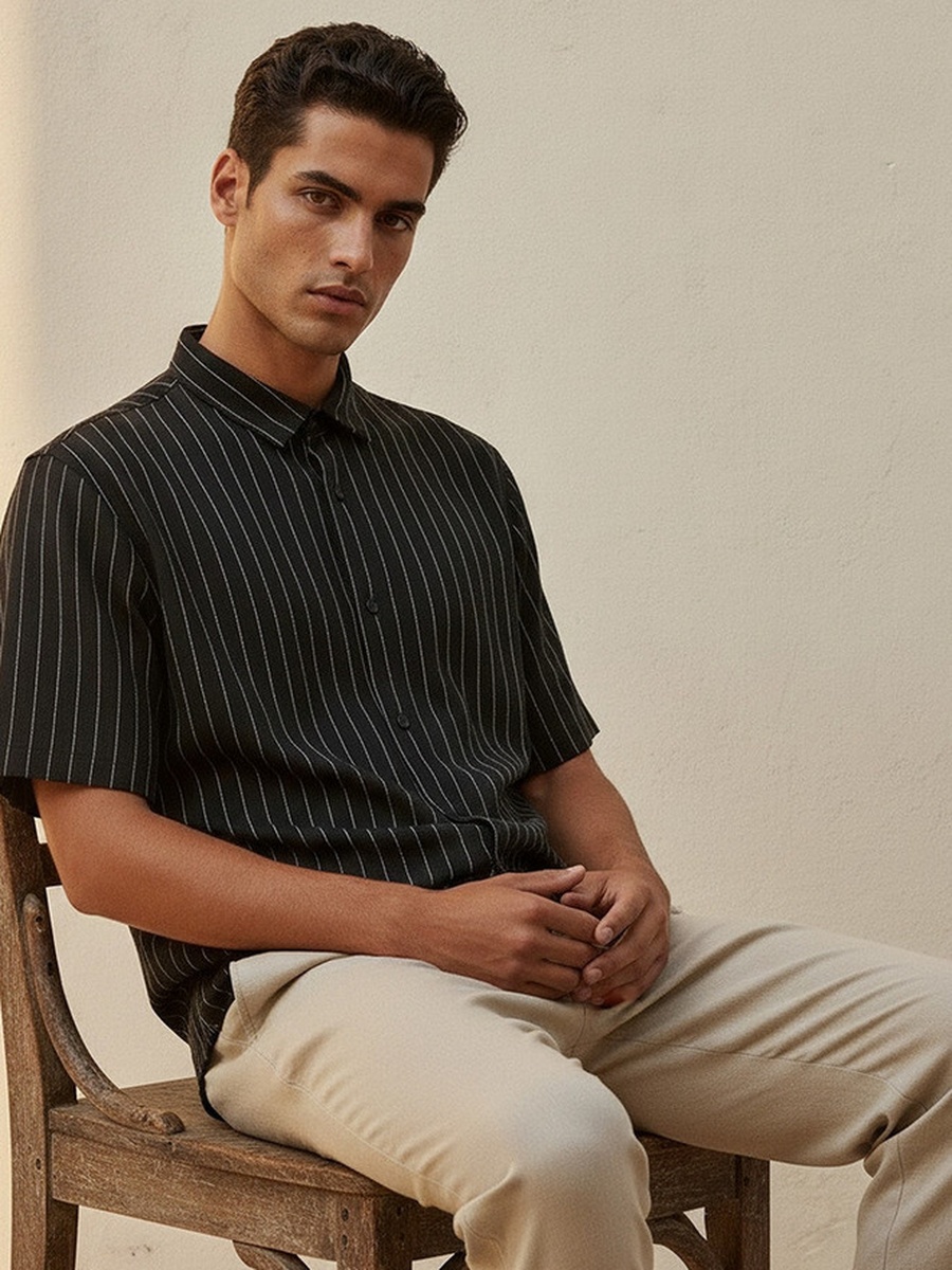 Regular Fit Collared Striped Short Sleeves Shirt