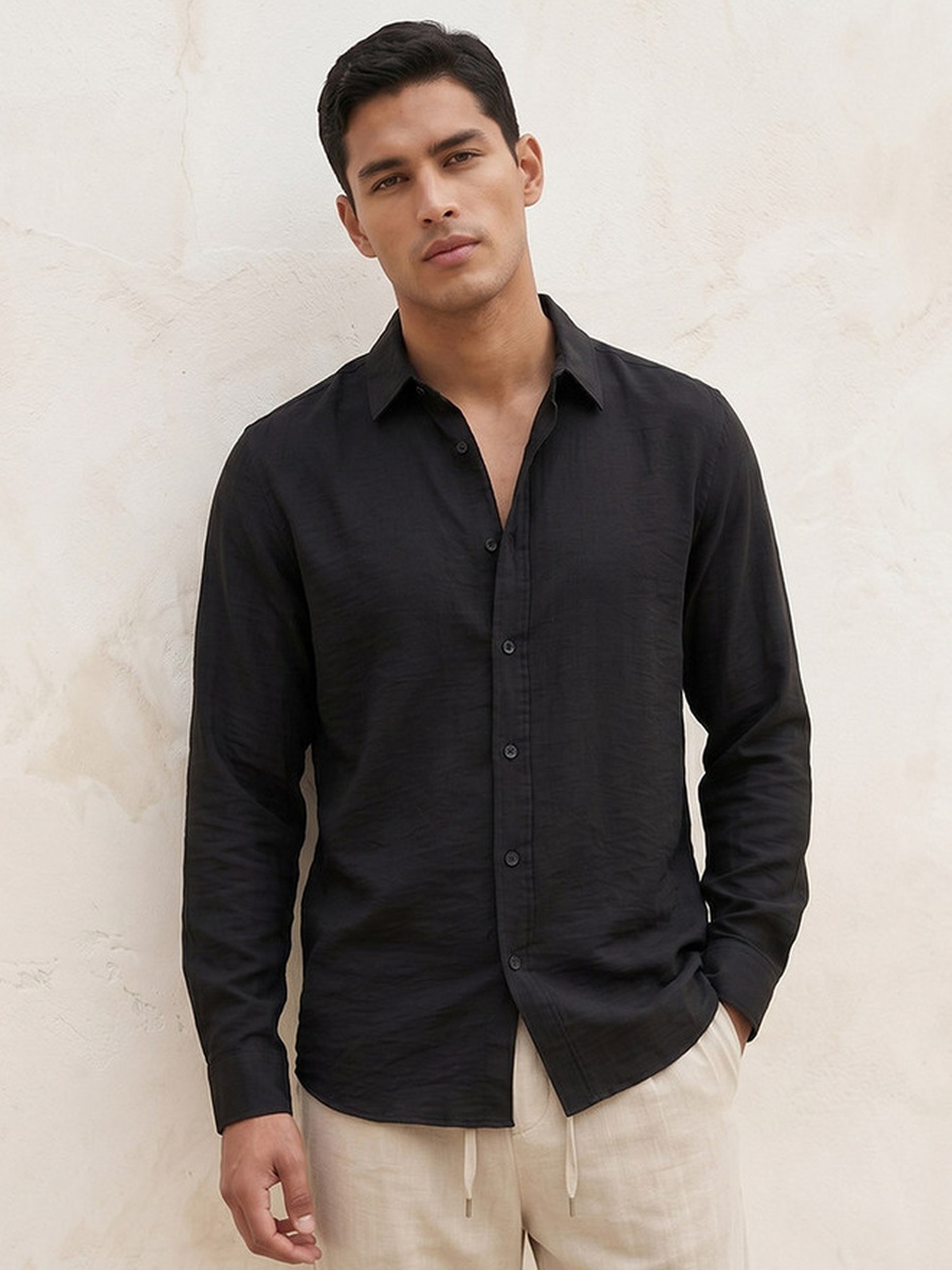 Regular Fit Collared Crinkled Textured Long Sleeves Shirt