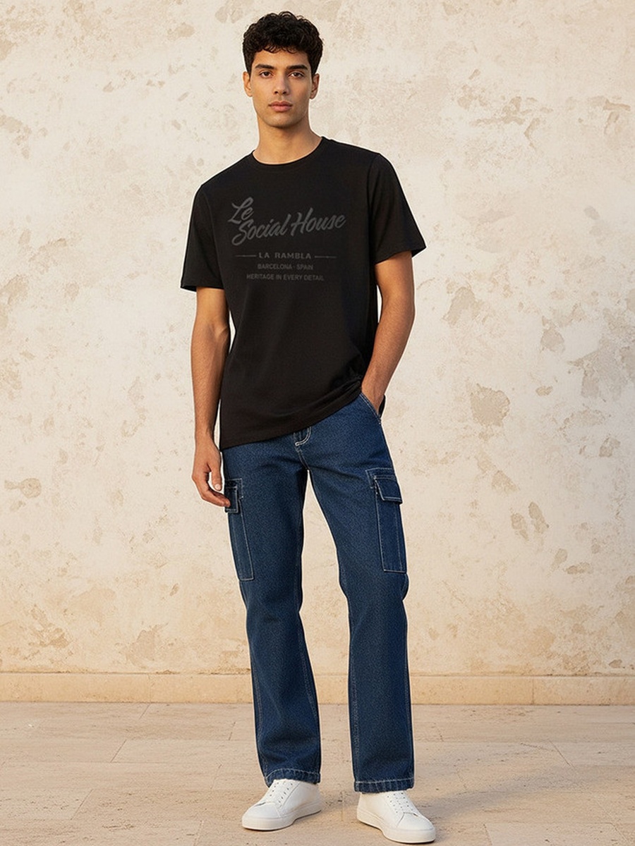 Slim Fit Crew Neck Short Sleeves Typographic Print T-Shirt