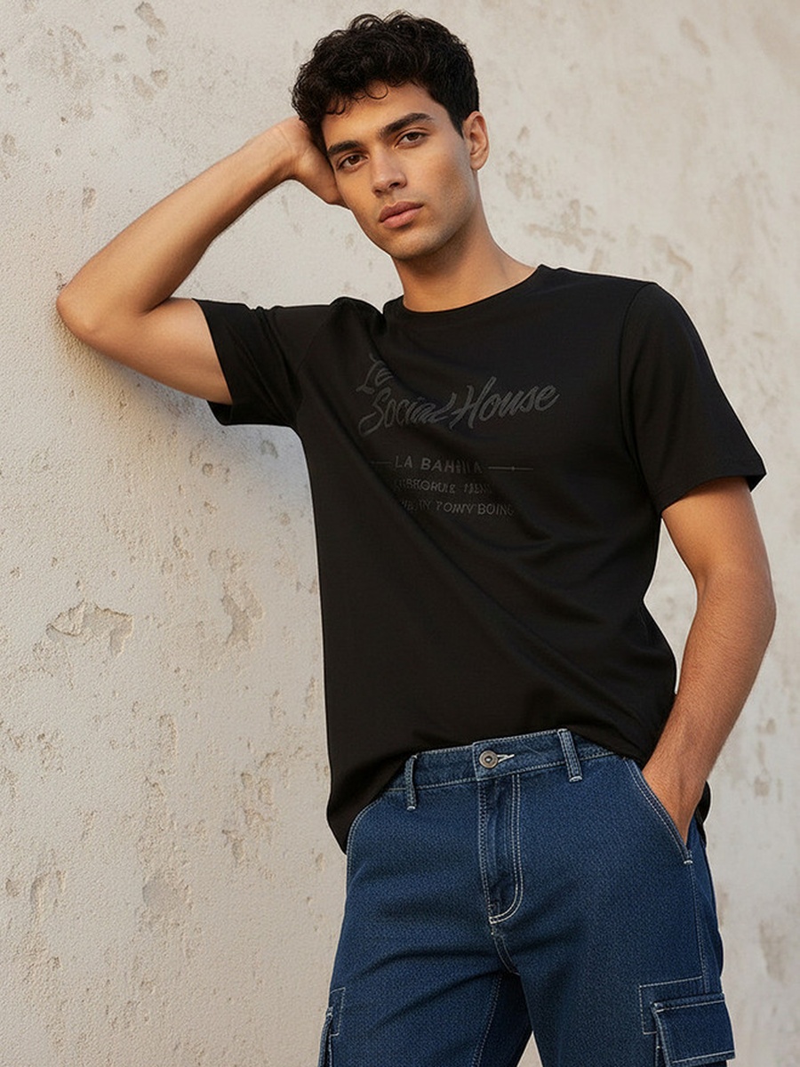 Slim Fit Crew Neck Short Sleeves Typographic Print T-Shirt
