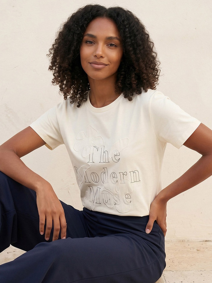Cotton T-Shirt with Floral Applique