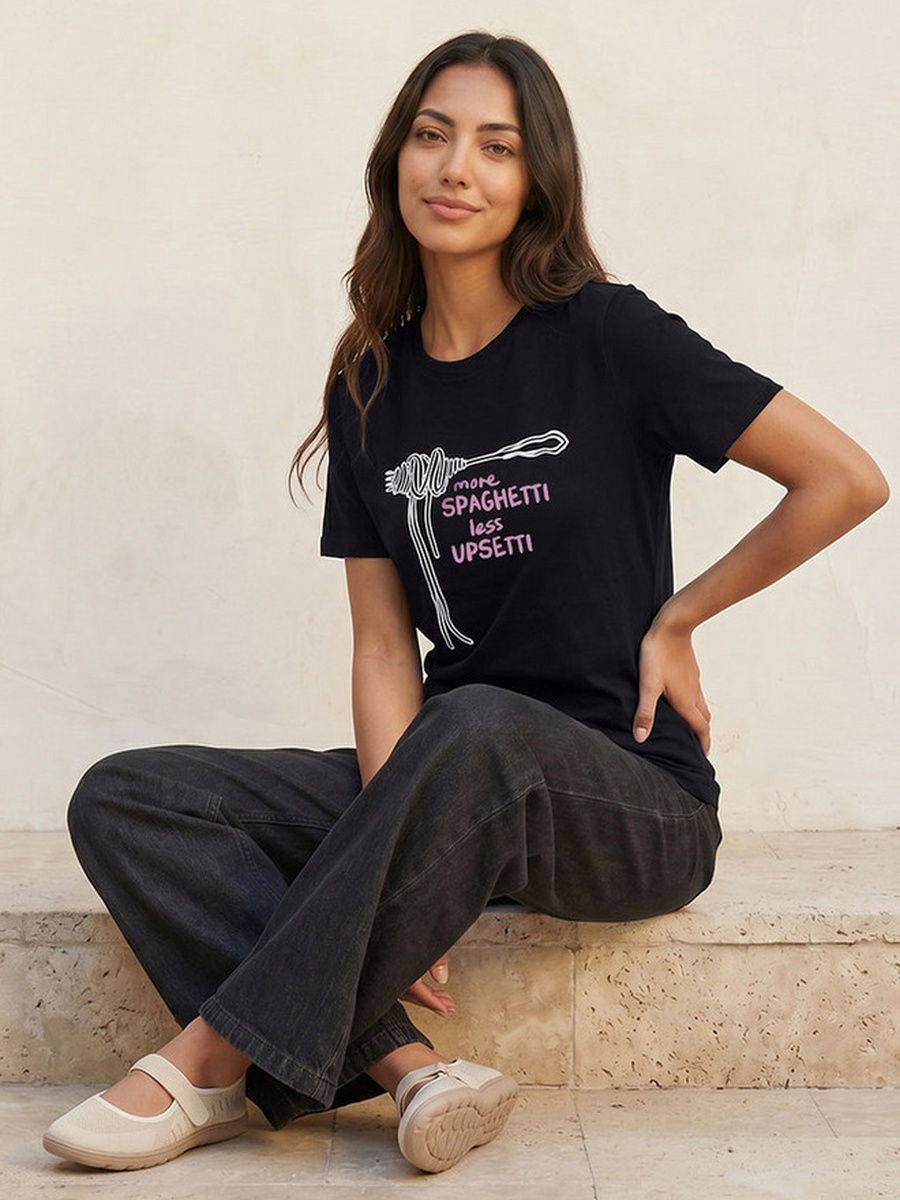 Cotton T-Shirt with Spaghetti Print
