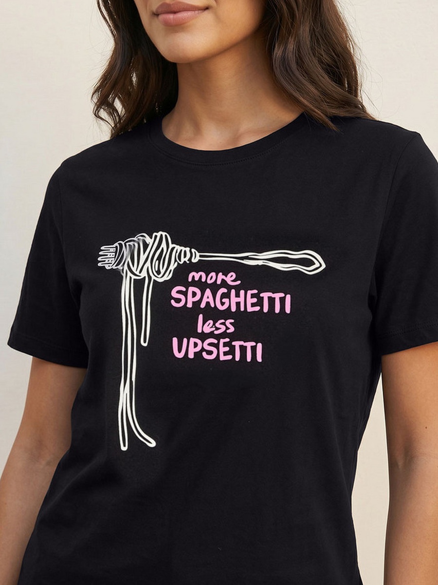 Cotton T-Shirt with Spaghetti Print