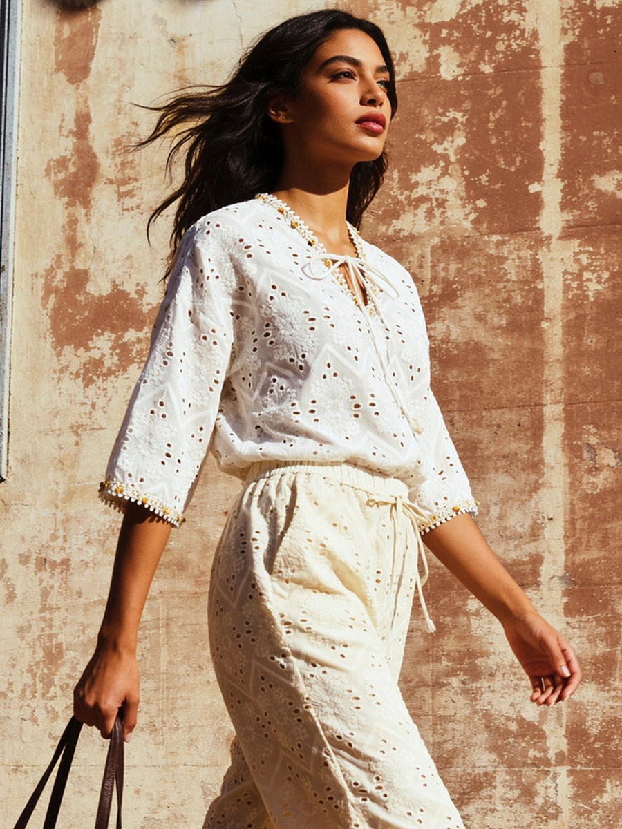 Relaxed Fit Cotton Top with Tassle Tie-Ups