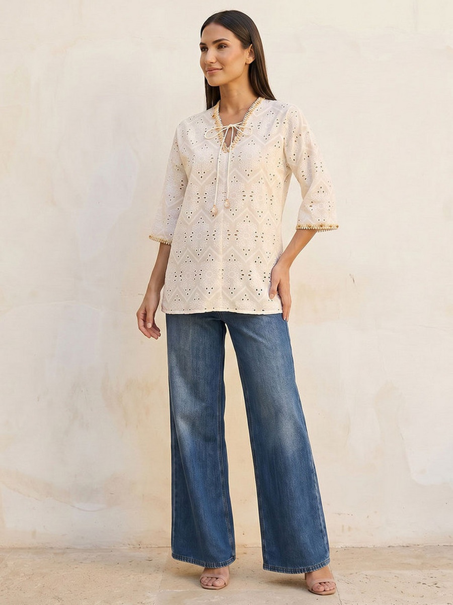 Relaxed Fit Cotton Top with Tassle Tie-Ups