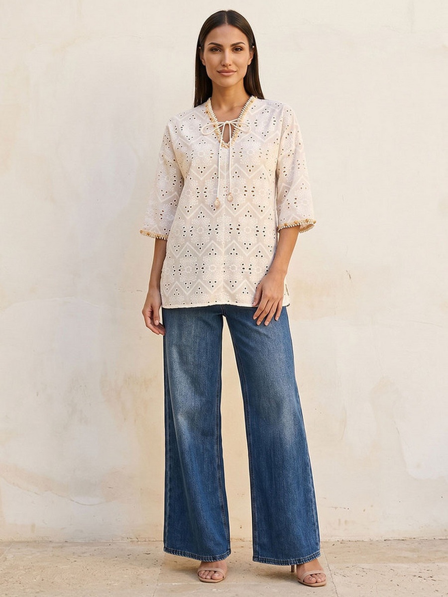 Relaxed Fit Cotton Top with Tassle Tie-Ups