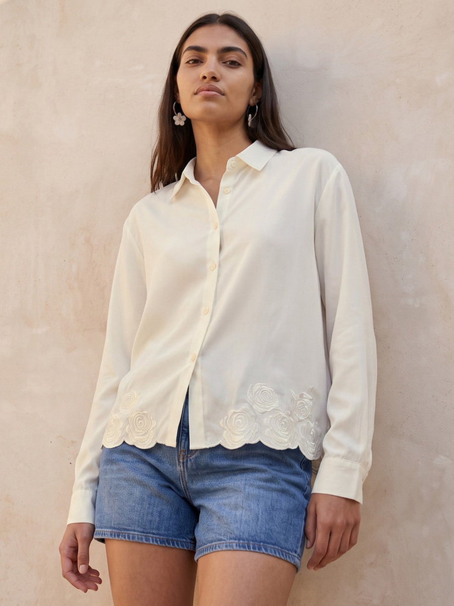 Lyocell Shirt with Floral Embroidery