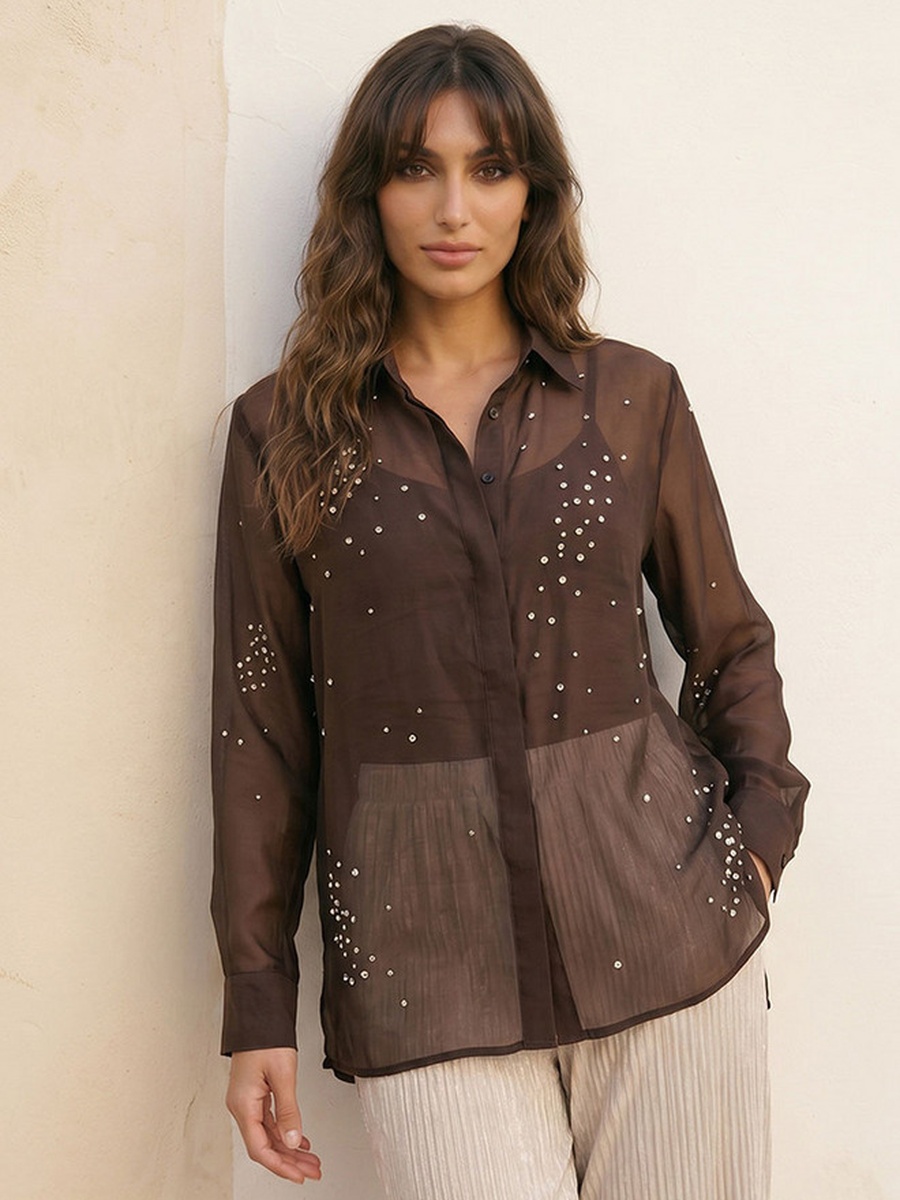 Crinkled Shirt with Rhinestone Embellishment