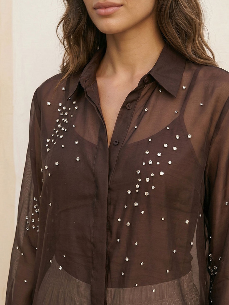 Crinkled Shirt with Rhinestone Embellishment