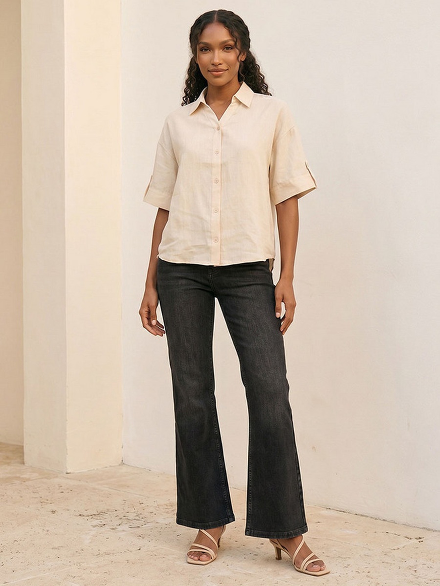 Collared Linen Shirt with Tab Sleeves