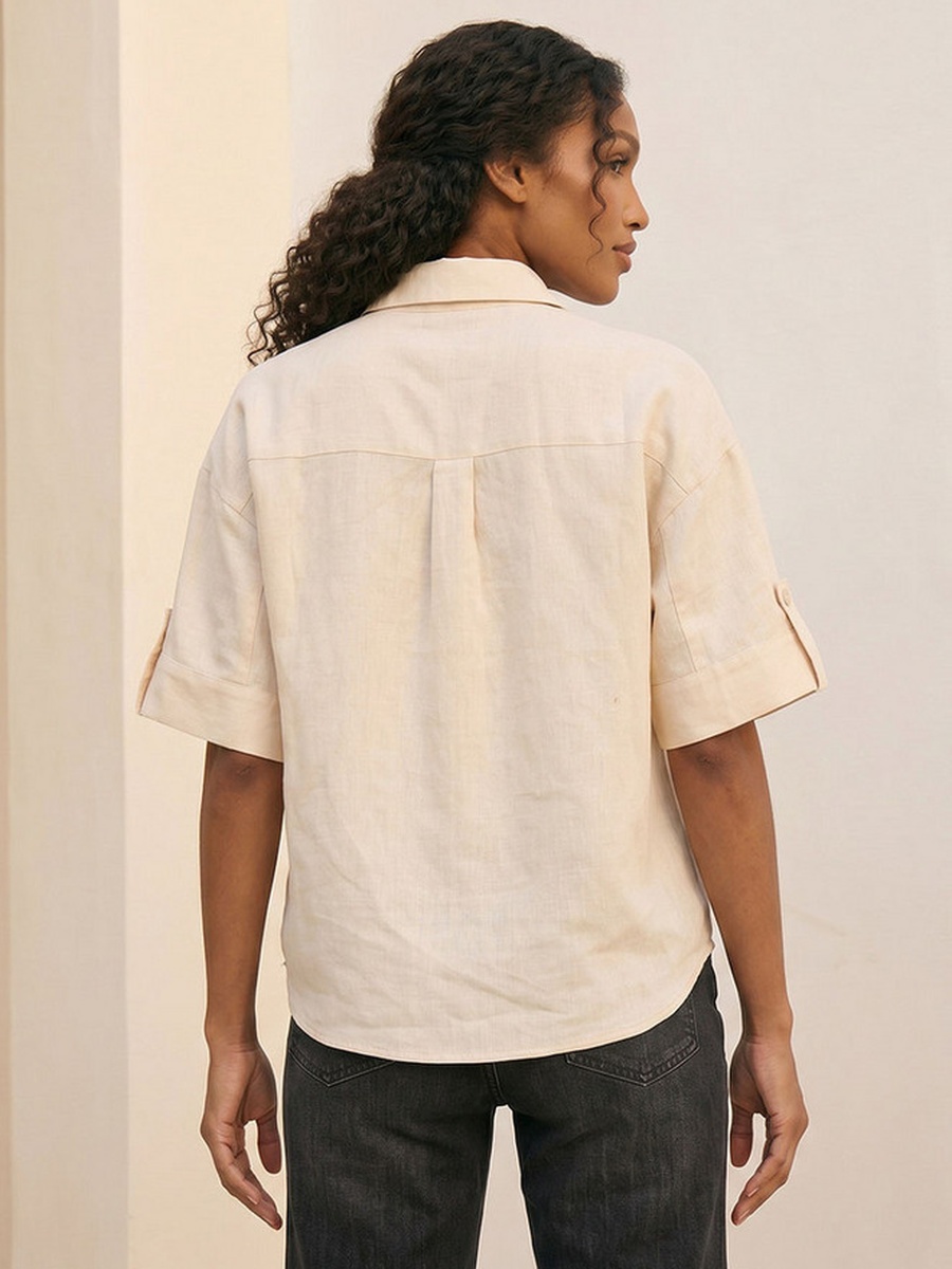 Collared Linen Shirt with Tab Sleeves