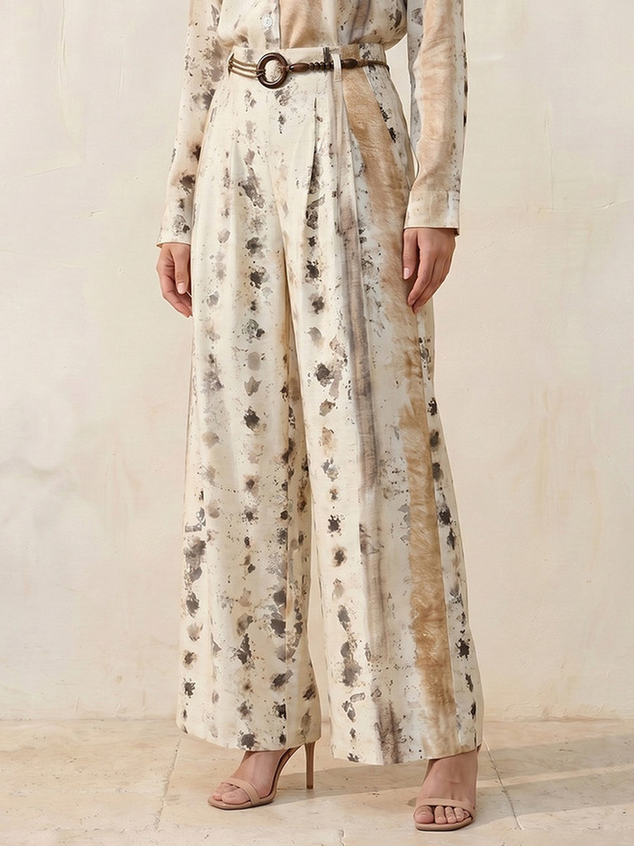 Printed Wide Leg Belted Pants