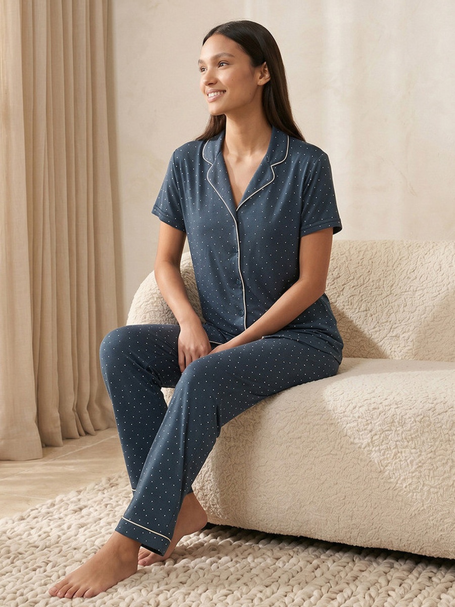 Viscose Pyjama Set with Button-Down Shirt and Trousers